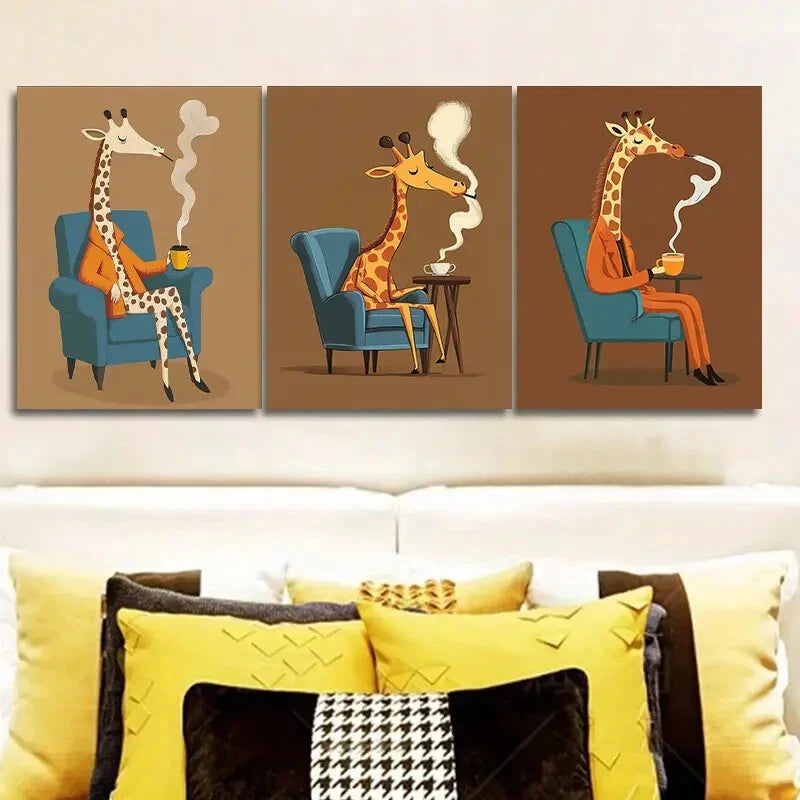 3-Piece Giraffe on Chair Wall Art Set - Framed Canvas 40x60cm (16x24in) - High Quality Print - 100% Australian Made - Ready to Hang - Perfect for Living Room, Bedroom & Office Decor
