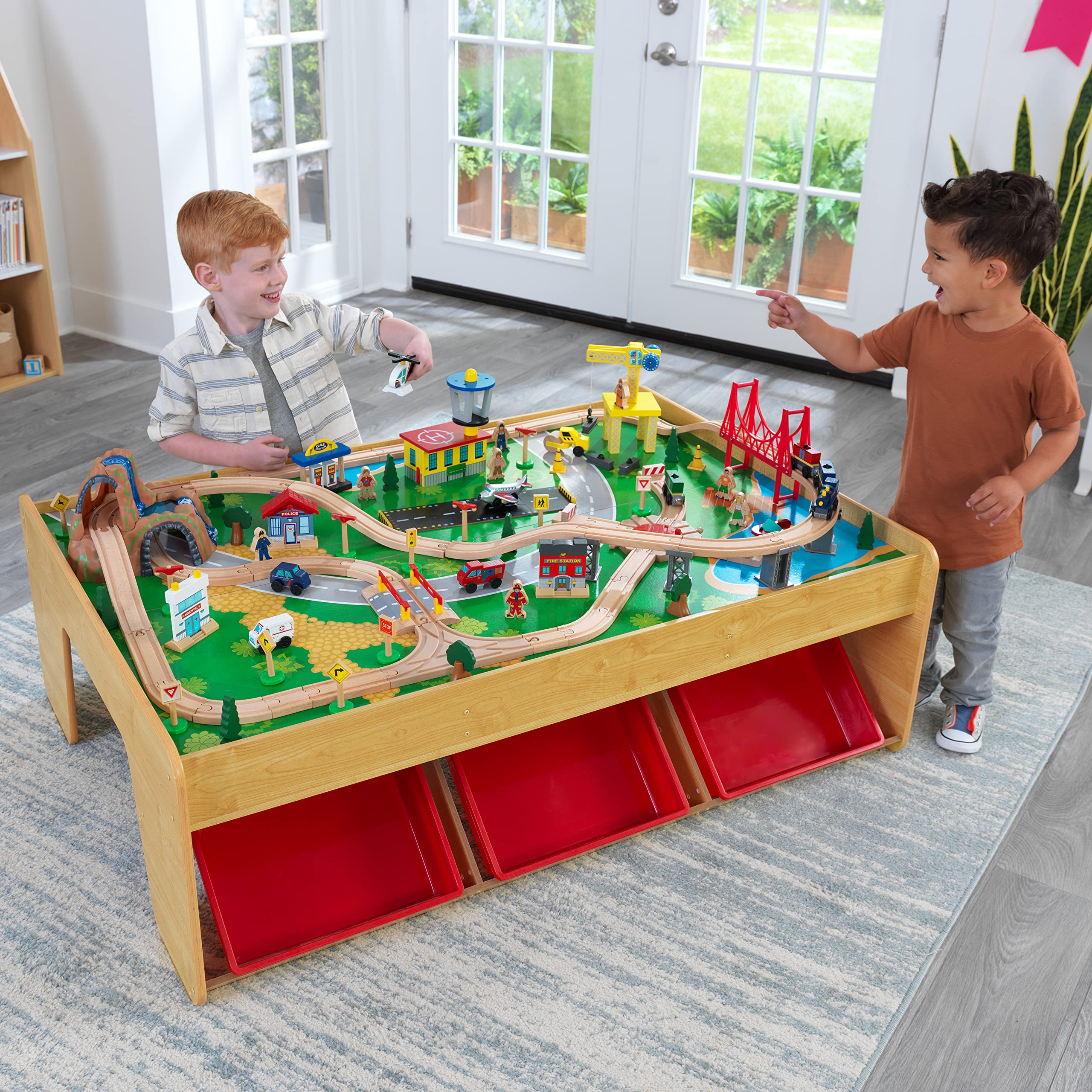 KidKraft 17850 Waterfall Mountain Wooden Train Set & Table - 120 Piece Toy Train Track with Storage Bins | Perfect for Kids Playroom, Preschool Learning & Creative Playtime