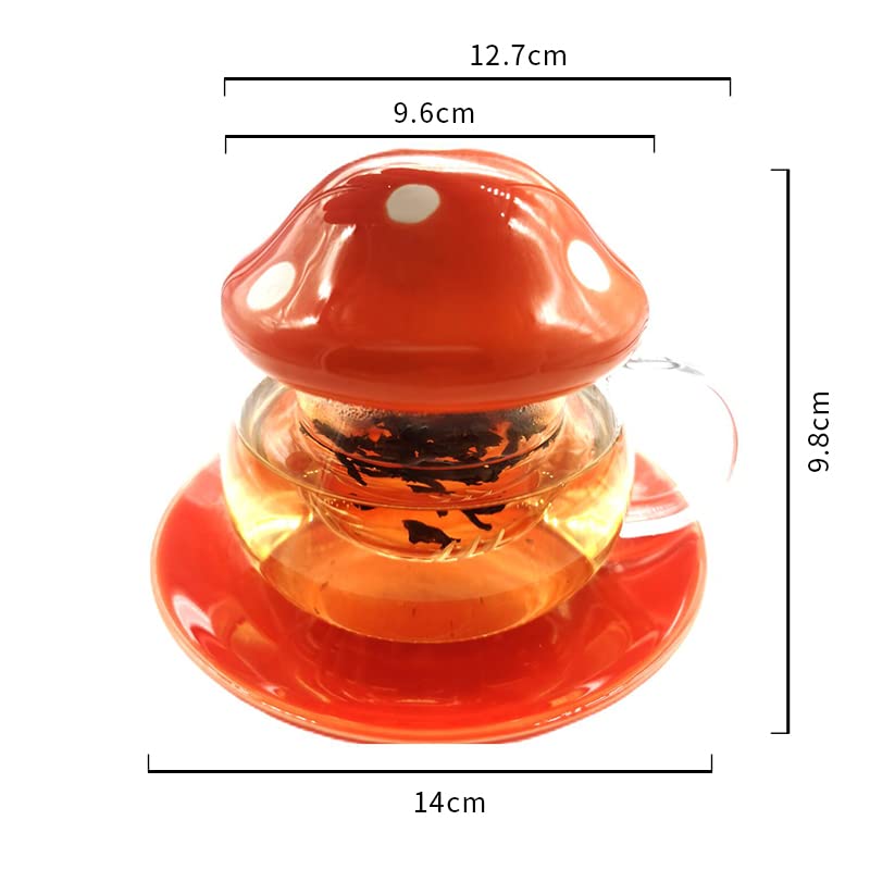 Cute Mushroom Glass Tea Mug Set with Strainer Filter Infuser - 290ML Orange Milk Coffee Tea Cup & Teapot - Perfect for Home, Office, and Gift Giving