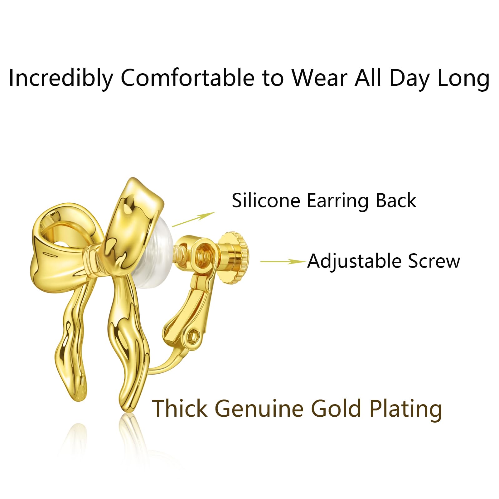 14K Gold Plated Bow Clip On Earrings for Women - Elegant Ribbon Non-Pierced Earrings - Perfect for Weddings, Parties & Special Occasions