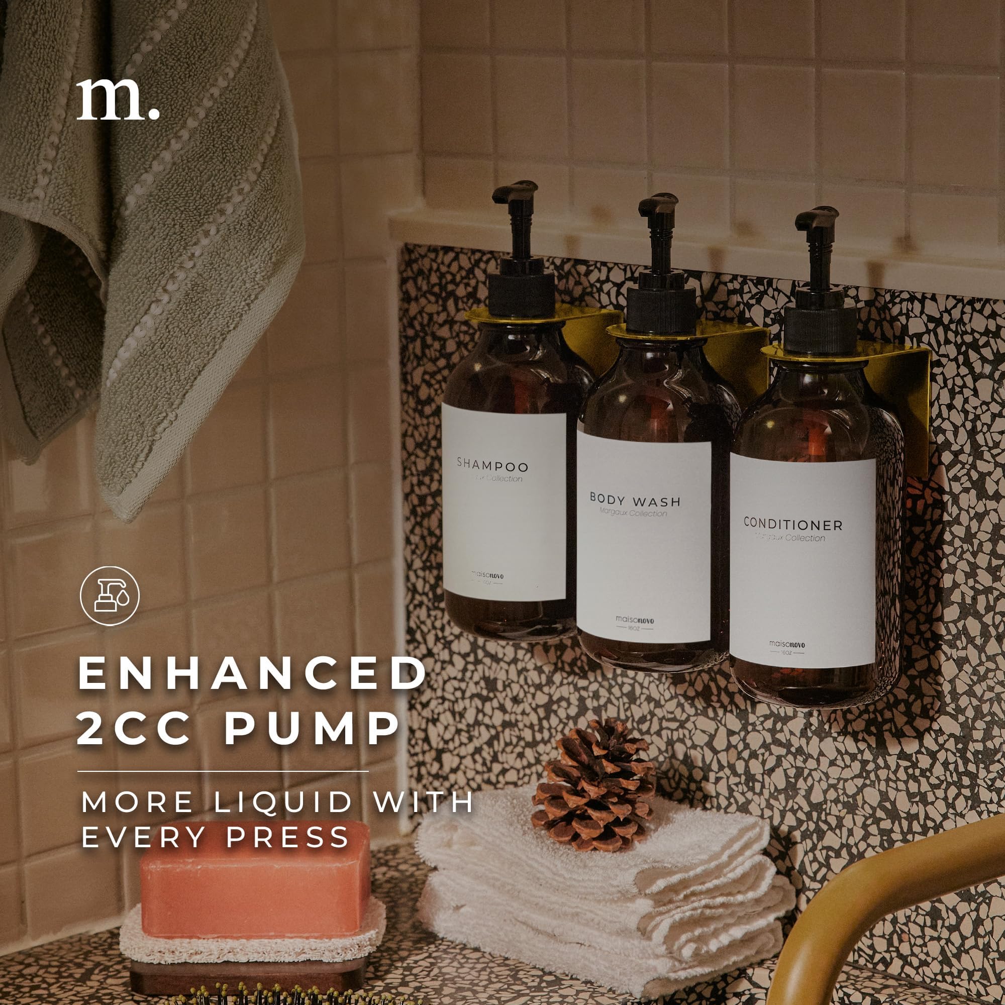 **MaisoNovo 3-Chamber Shampoo & Conditioner Dispenser Set - Wall Mounted Shower Soap Dispenser with Black Pump - 16.9 fl oz Amber Plastic Bottles - No Drill Installation - Perfect for Bathroom, Spa & Gym Organization**