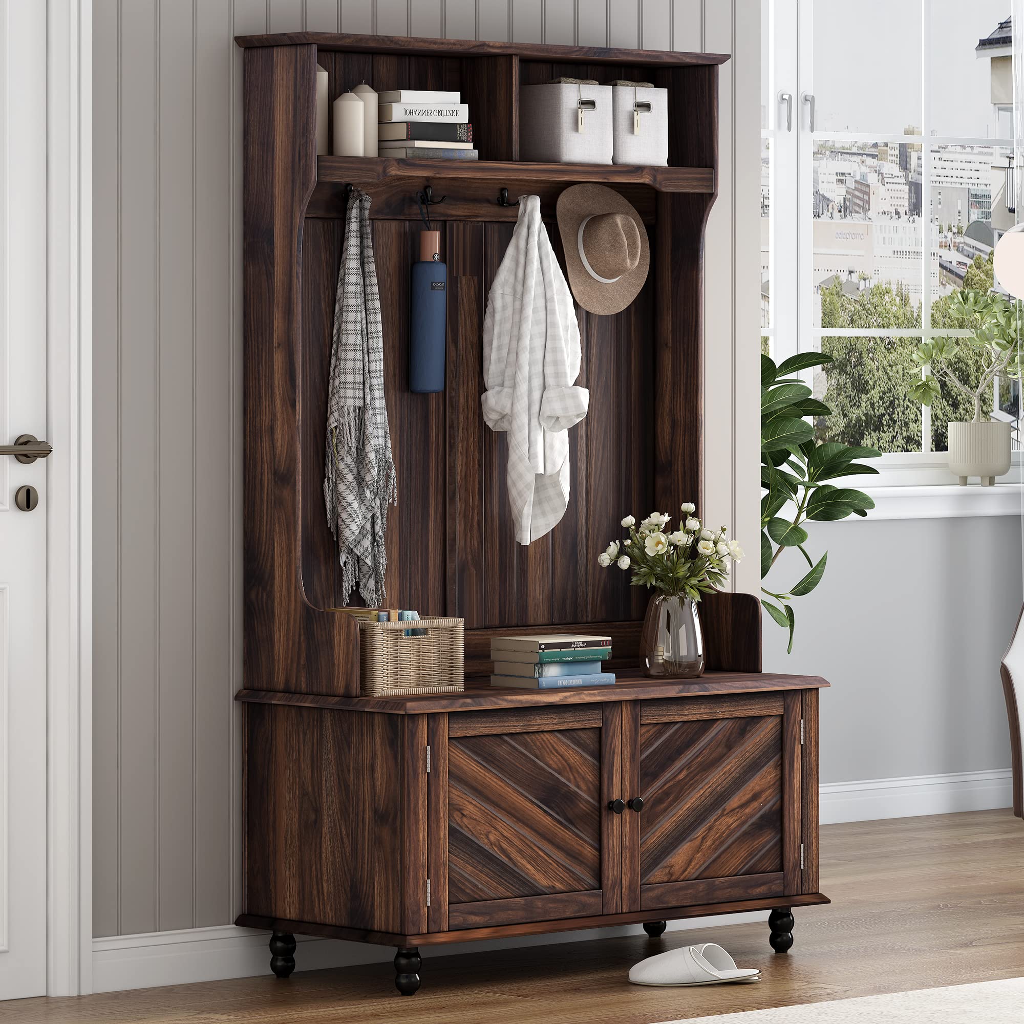 Modern Hall Tree with 4 Hooks & Storage Bench - Wooden Entryway Coat Rack with 2 Open Shelves, 4-in-1 Space Saving Design for Hallway, Foyer or Mudroom - Perfect for Organizing Coats, Shoes & Accessories