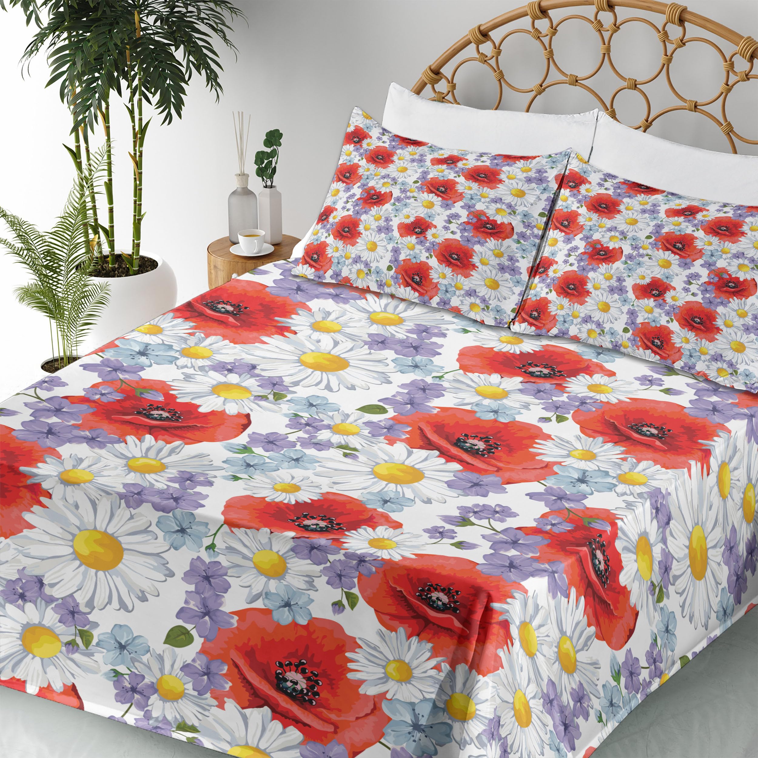 Ambesonne Floral Bedding Set - 4 Piece King Size with Purple Poppy & Daisy Wildflowers Design, Fitted & Flat Sheets + Pillowcases - Lavender & Scarlet Summer Nature Theme | Perfect for Guest Rooms, Master Bedrooms & Bohemian Home Decor