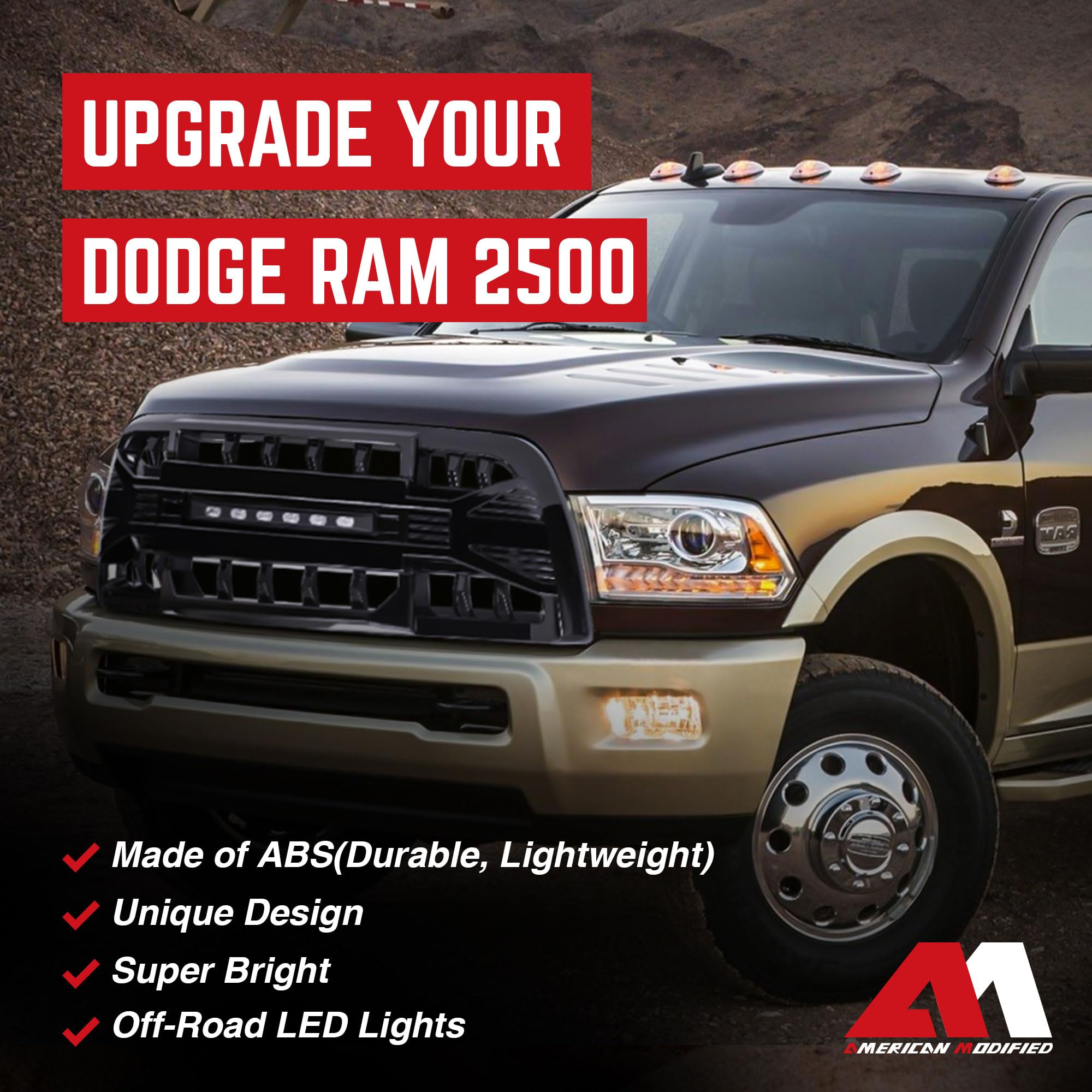 2013-2018 Dodge Ram 2500/3500 Off-Road Grille with LED Lights | Gloss Black Heavy Duty Truck Grill | Perfect for Off-Roading & Night Driving