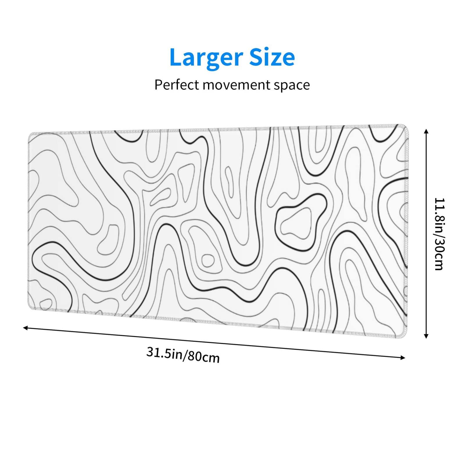 Extended XL Gaming Mouse Pad - Large Topographic Desk Mat for PC & Laptop - Waterproof Non-Slip Surface - White & Black Design - Perfect for Office Work, Gaming & Home Decor