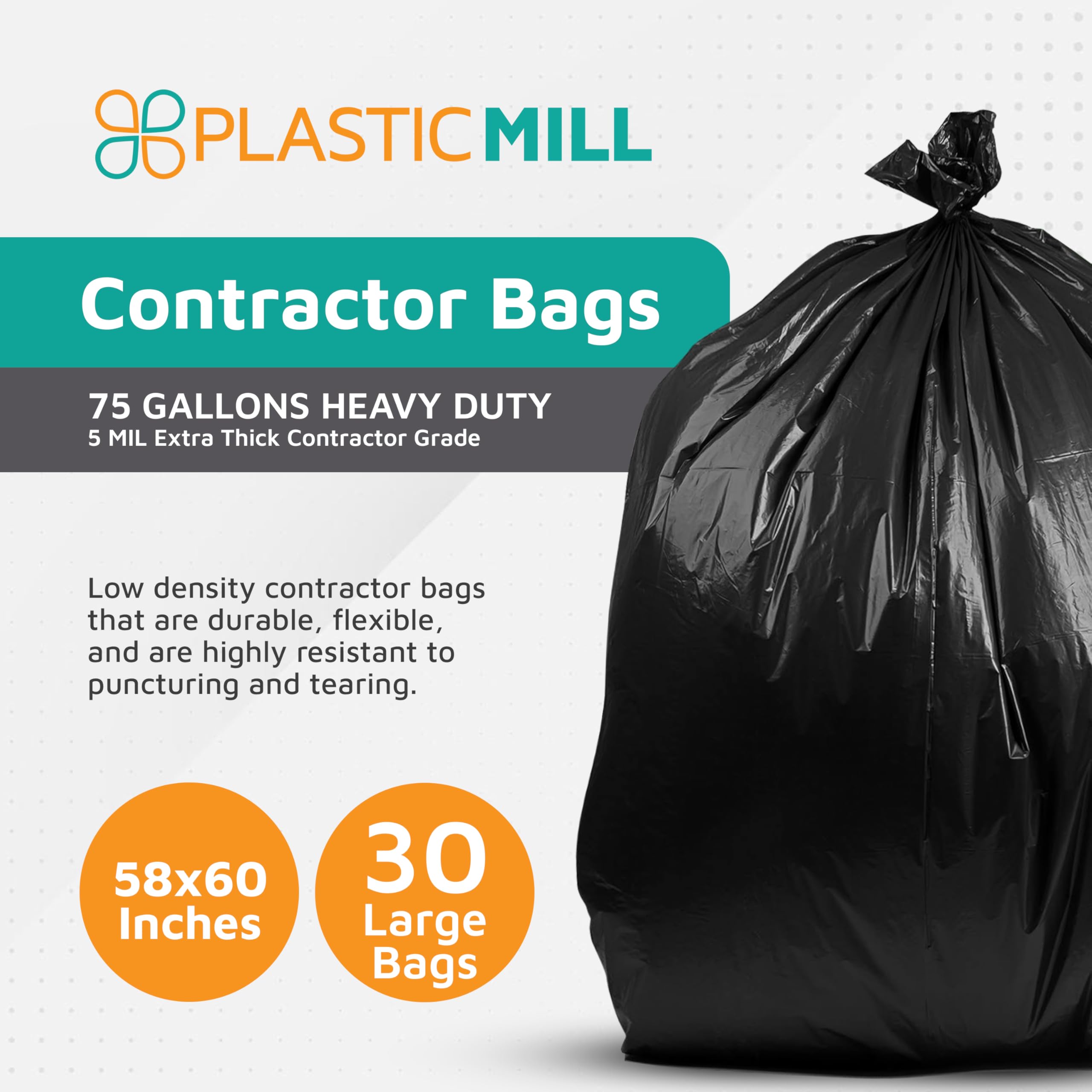 Heavy Duty 75-Gallon Contractor Trash Bags - 5 Mil Thick, 58