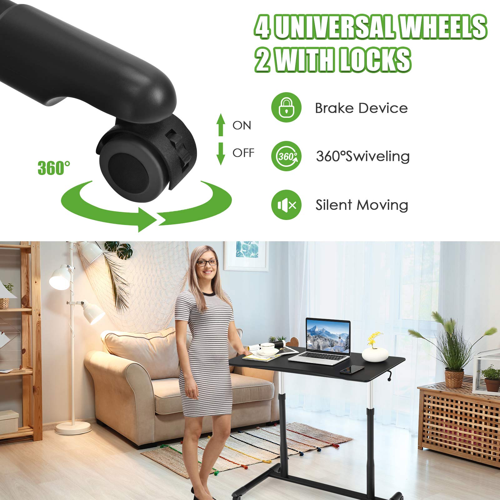 Tangkula Adjustable Height Mobile Standing Desk with Wheels - Rolling Compact Computer Desk with Steel Frame & MDF PVC Tabletop - Perfect for Home Office, Small Spaces & Remote Work (Black)