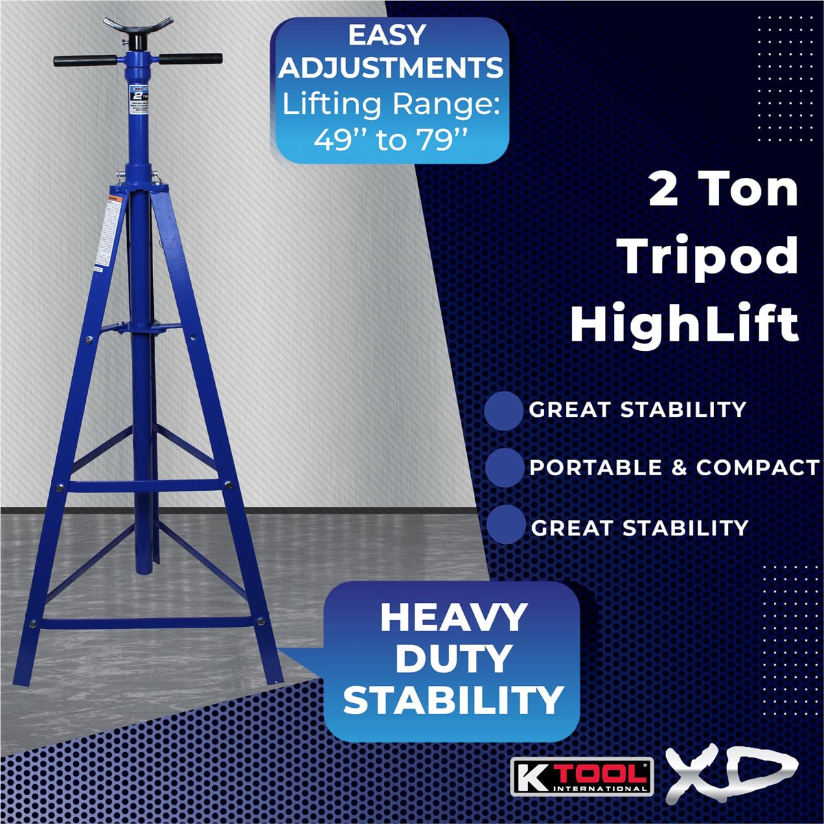 K Tool International XD61002 2 Ton Heavy Duty Automotive Tripod Stand - 4,000lb Capacity, Adjustable 49