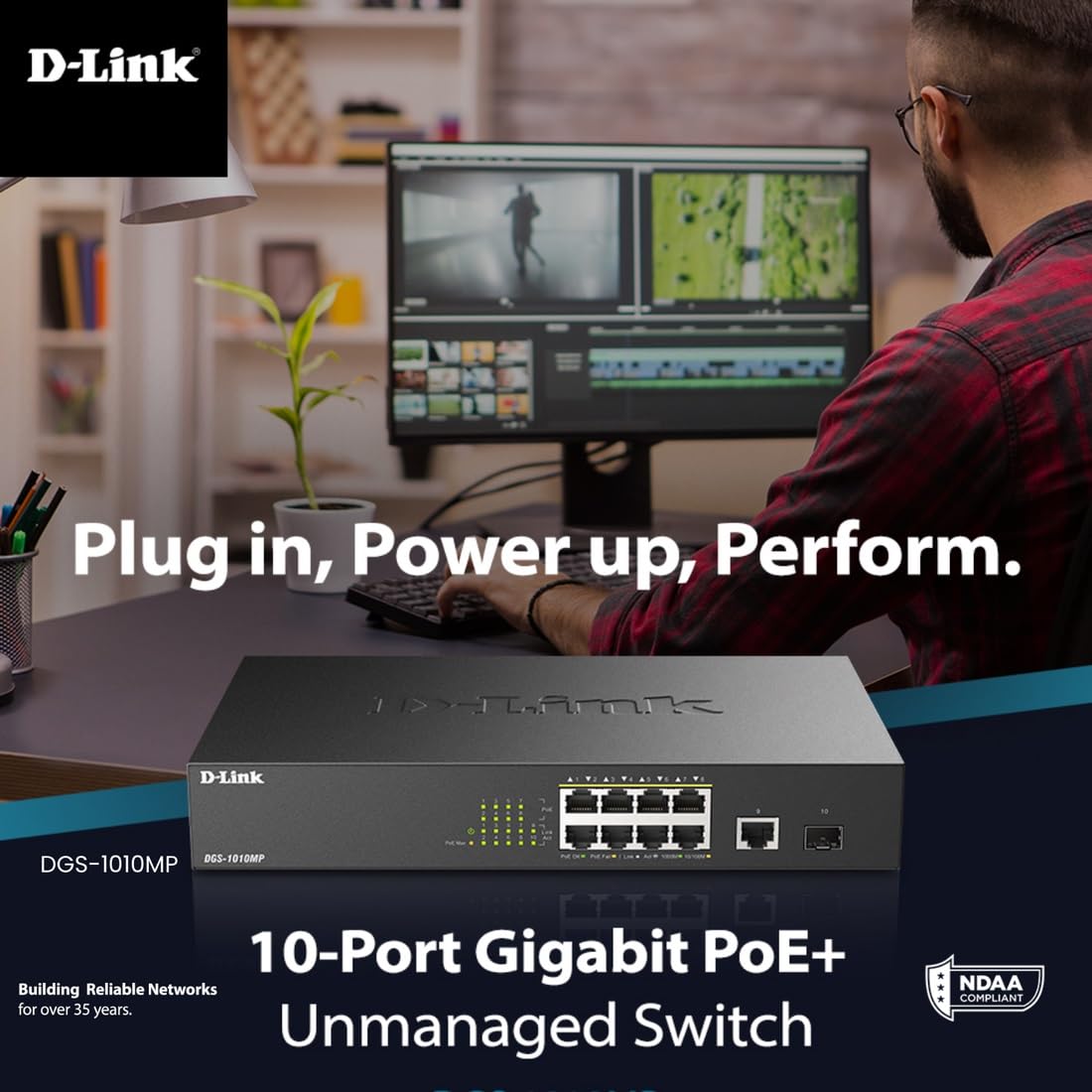 D-Link 8-Port/10-Port Unmanaged PoE Switch with 1 Gigabit Ethernet Port & 1 SFP Uplink Port, 125W PoE Budget, Fanless Rackmount Plug & Play (DGS-1010MP) - Black | Ideal for Home Office, Small Business Network & IP Camera Systems