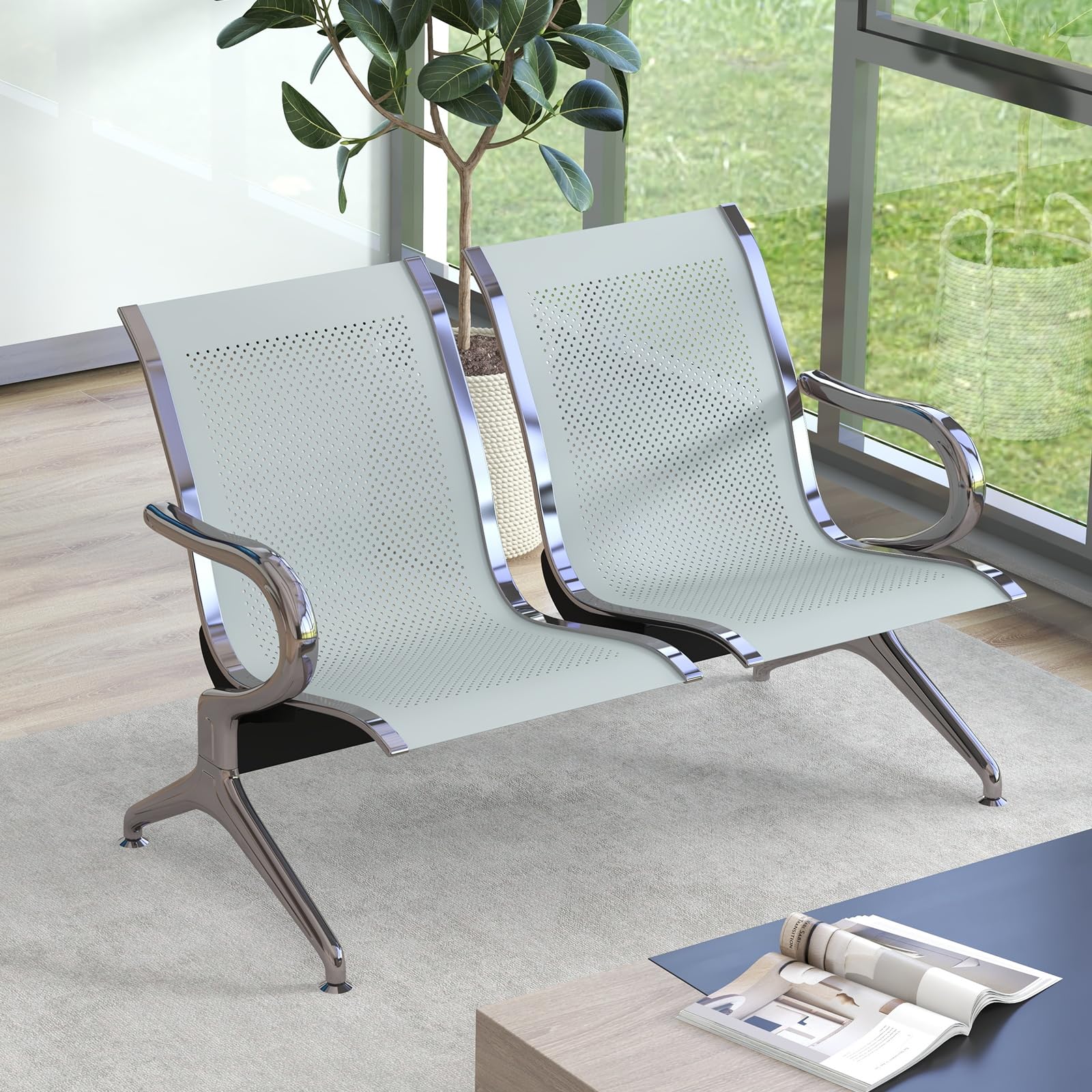 Kinsuite 2-Seat Metal Reception Chairs with Arms - Silver Waiting Room Bench for Office, Hospital, Bank & Airport Lobby - Comfortable Seating Solution for Business Reception Areas and Public Spaces