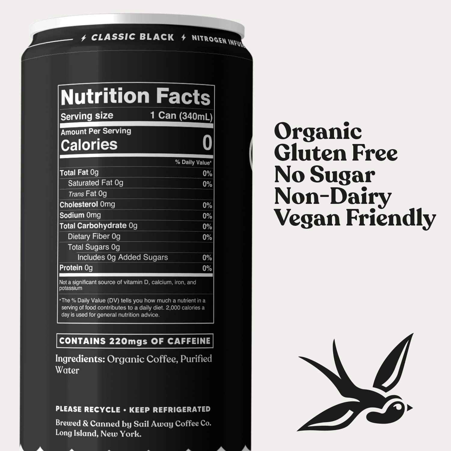 Sail Away Coffee Nitro Cold Brew Coffee Cans - Low Acid Smooth Coffee Beverage | Nitrogen Infused, 220mg Caffeine, Gluten Free, Organic, Keto Friendly, Classic Black (24 Pack) - Perfect for Office, Gym & Outdoor Adventures