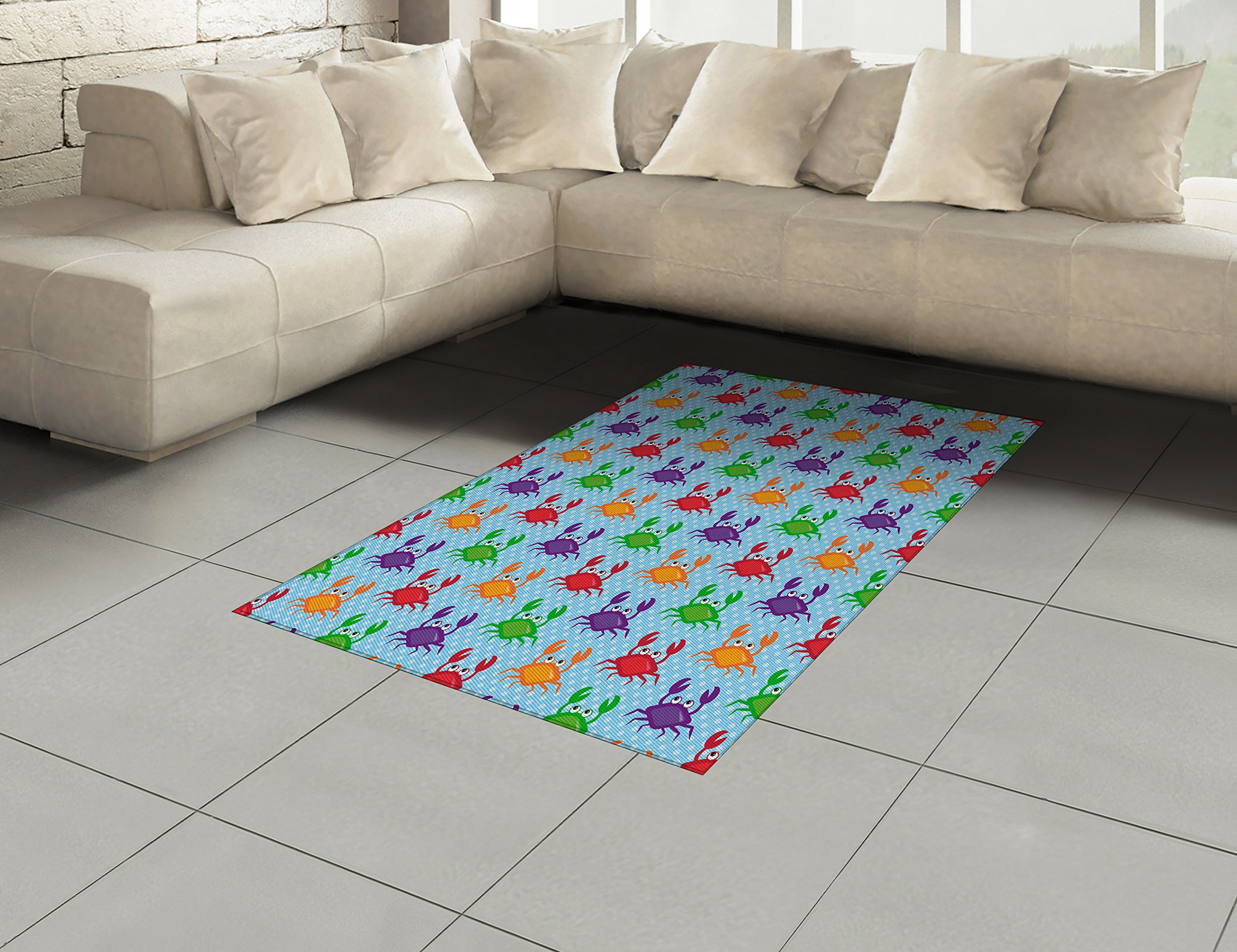 Ambesonne Cartoon Crab Area Rug - Blue Background with Bubbles Print, Flat Woven Non-Slip Accent Rug 4'x5'7