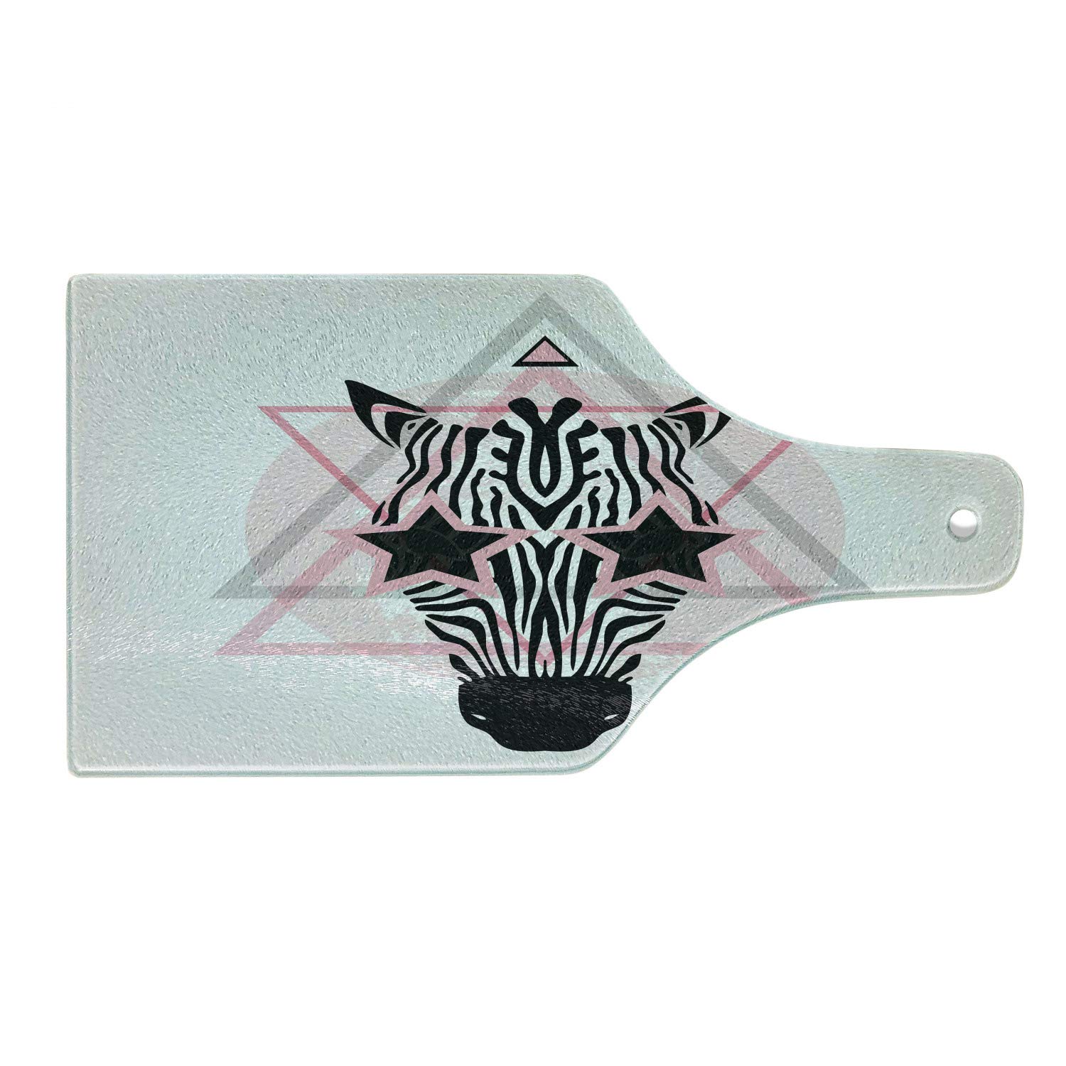 Ambesonne Pink Zebra Tempered Glass Cutting Board - Geometric Zebra Head Design, Decorative Serving Board for Kitchen, Wine Bottle Shape - Pale Pink, White & Black - Perfect for Cheese Platters, Charcuterie & Party Serving