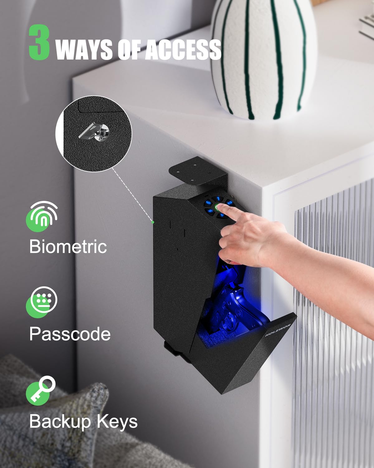 Biometric Gun Safe for Pistols - Quick Access Fingerprint Handgun Safe with Drop Down Design | Car, Desk, Bedside & Nightstand Security Storage for Home & Vehicle Protection