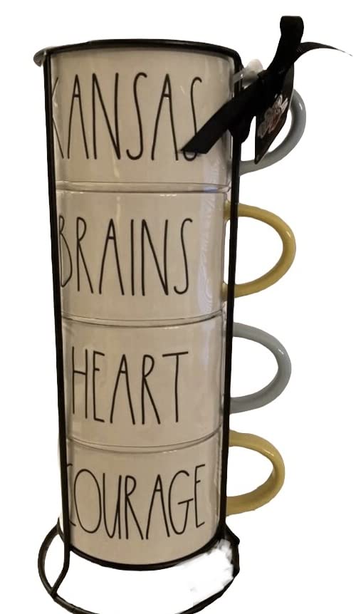 Rae Dunn Wizard of Oz Themed 4-Piece Stackable Double-Sided Coffee Mug Set with Metal Display Rack - Kansas, Brains, Heart, Courage, Dorothy, Scarecrow, Tin Man, Lion - Perfect for Oz Fans, Collectors & Coffee Lovers - Great for Home Decor, Gift Giving & Themed Parties