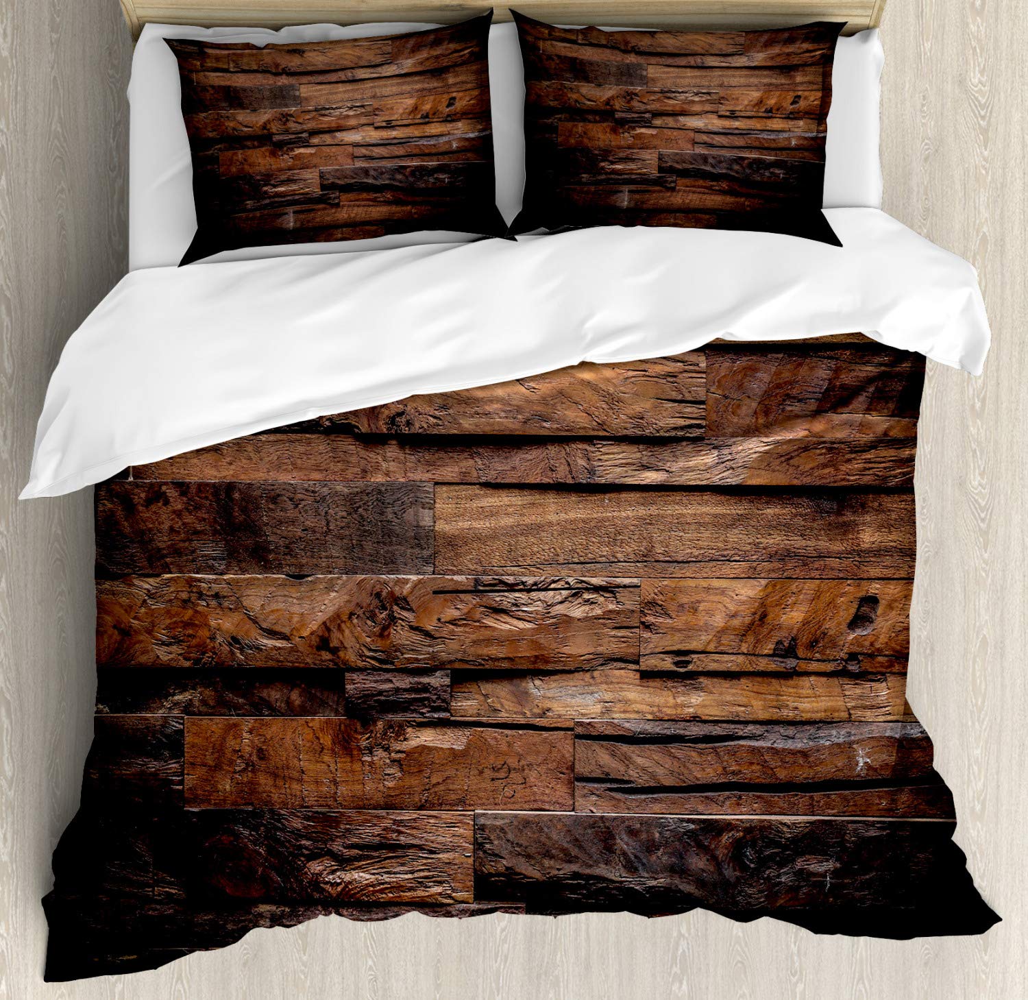 Ambesonne Chocolate Brown Duvet Cover Set - Rough Dark Timber Texture, Rustic Country Theme Bedding - 2 Duvet Covers & 4 Pillowcases (2 Pack, California King Size) - Perfect for Farmhouse, Cabin & Lodge Decor