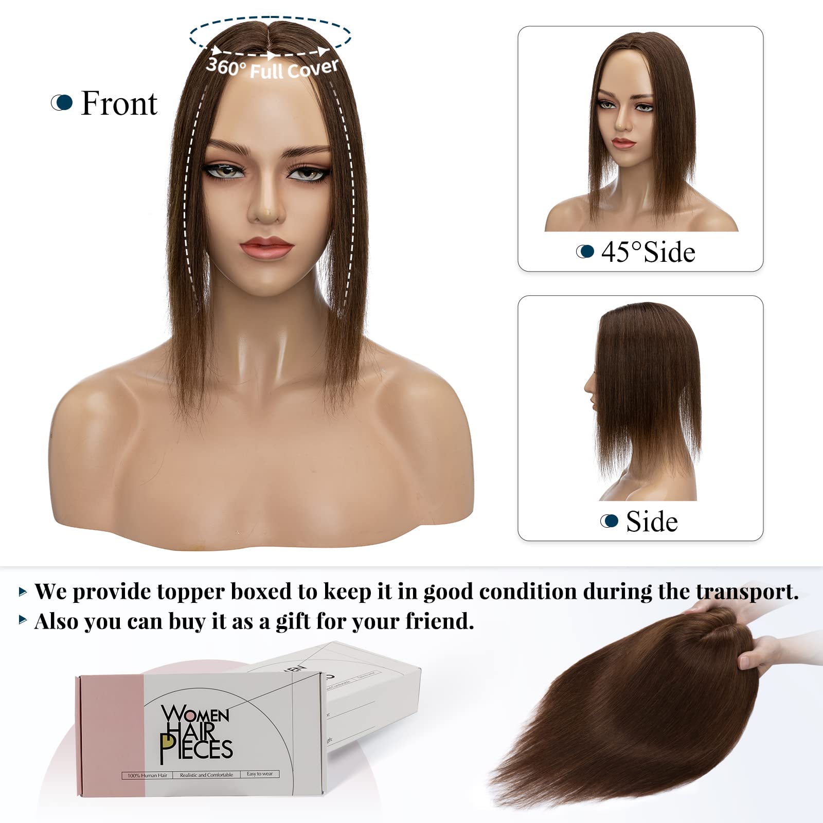 Benehair Clip-in Human Hair Topper for Women - 14 Inch Silk Base Hairpiece with Thinning Hair Solution, Remy Human Hair Extensions, Medium Brown (#04) - Perfect for Daily Wear, Special Occasions & Hair Volume Enhancement