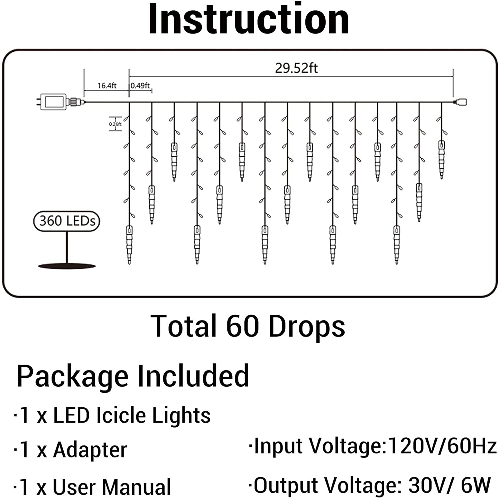 360 LED Icicle Christmas Lights - 29.5ft Connectable String Lights with 60 Drops, 8 Lighting Modes, Waterproof Outdoor/Indoor Fairy Lights for Windows, Christmas Tree, Holiday Party & Home Decor (White)