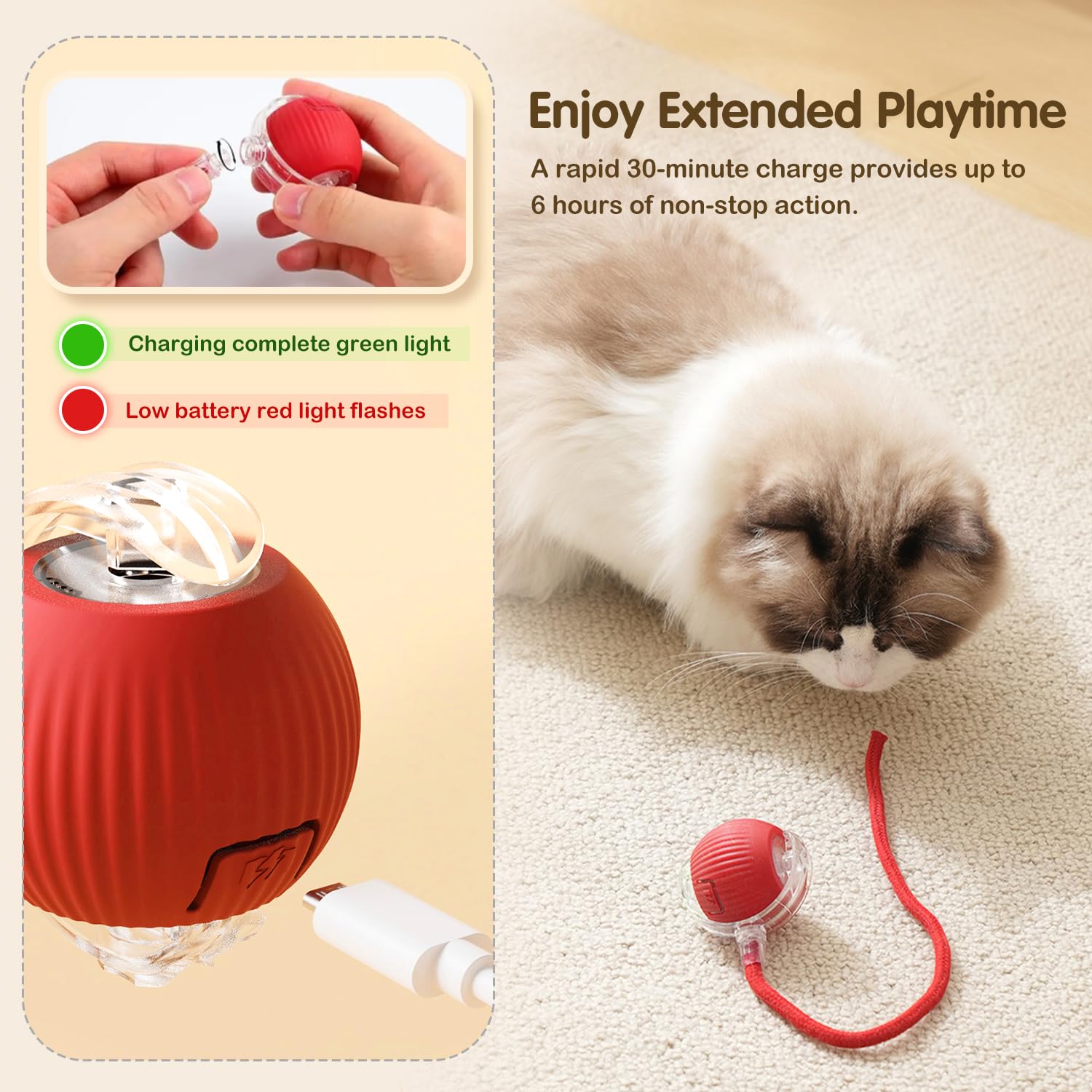 Interactive Cat & Dog Toy Ball - Self Moving 360° Rolling Electric Ball for Indoor Cats & Dogs - Automatic Pet Play Toy for Exercise & Fun (Red) - Perfect for Playtime, Training & Keeping Pets Active