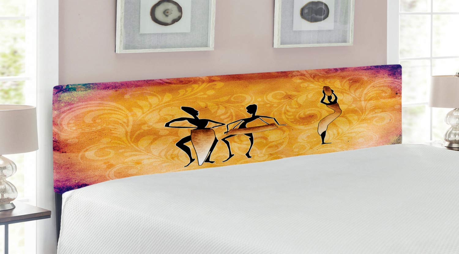 Ambesonne African Headboard - King Size Upholstered Metal Bed Frame with Memory Foam | Retro Tribal Dance Pattern in Tan & Purple | Perfect for Bohemian & Ethnic Bedroom Decor | Ideal for Master Bedrooms, Guest Rooms & Airbnb Styling