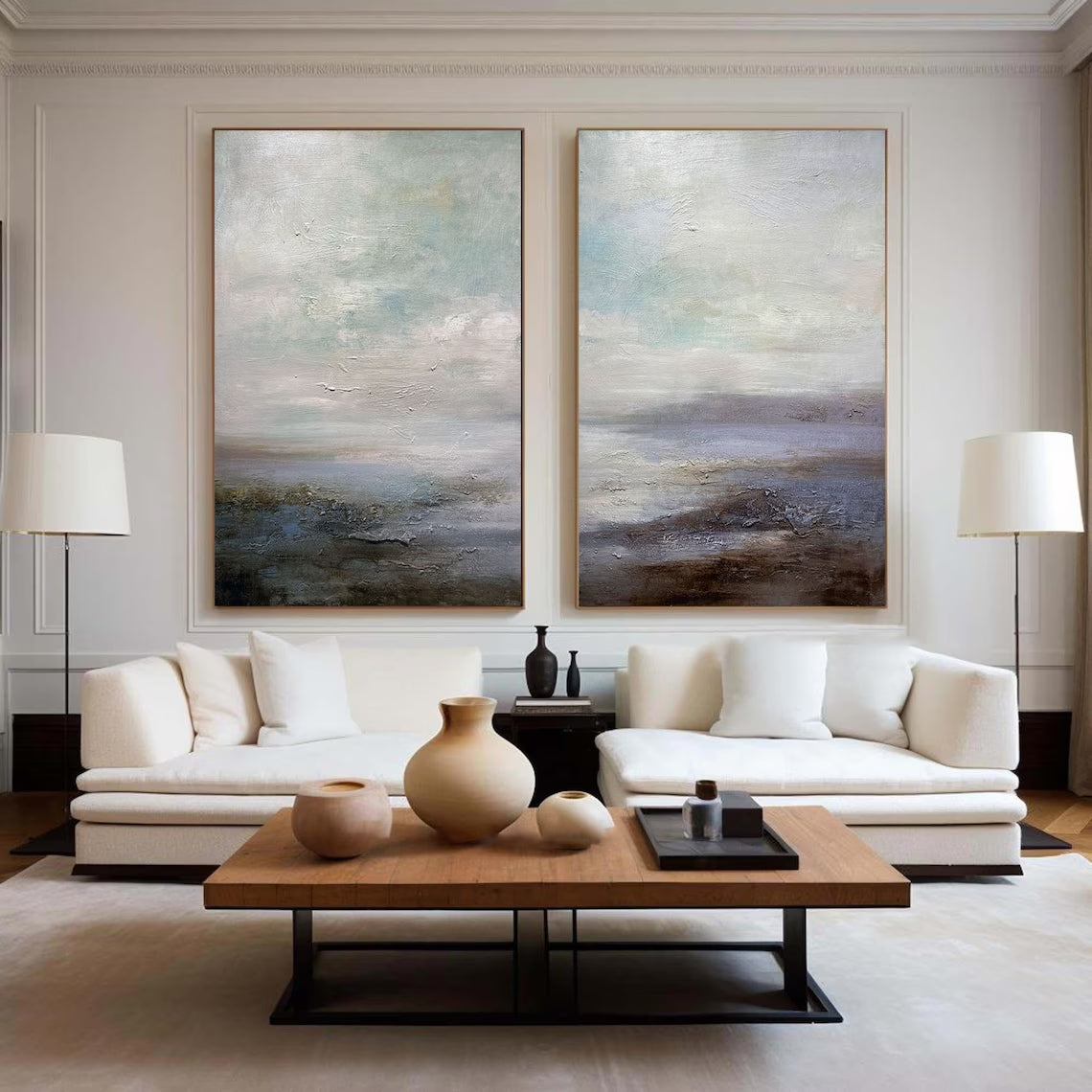 Ocean and Sky Painting Set of 2 - Handmade Wall Art for Living Room & Bedroom Decor - Coastal Themed Canvas Prints for Home Office