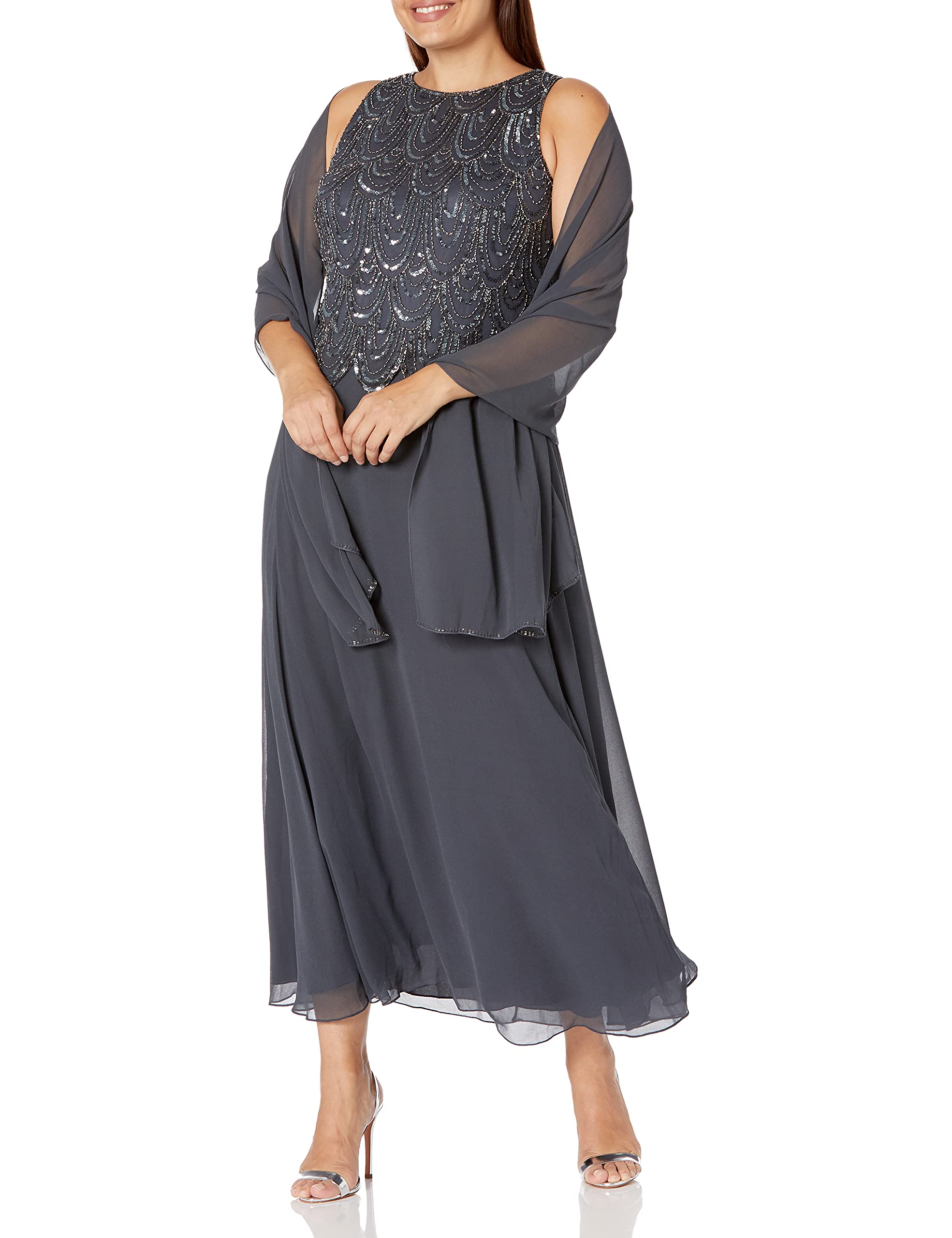 J Kara Women's Petite Sleeveless Beaded Pop Over Dress with Scarf - Elegant Summer Cocktail Party & Wedding Guest Dress