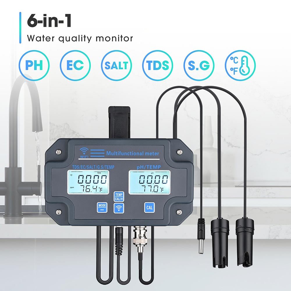 6-in-1 Water Quality Tester Meter - Measure pH, Temperature, TDS, EC, S.G & Salt Levels | Perfect for Aquariums, Pools, Hydroponics & Drinking Water Testing