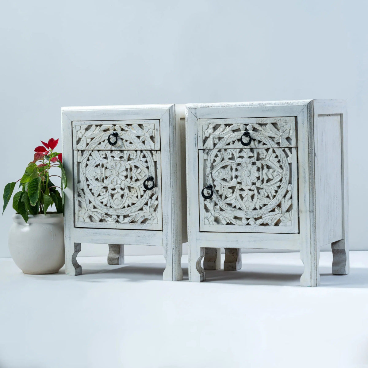 Hand Carved White Nightstand - Unique Wooden Bedside Table for Bedroom | Perfect for Modern, Farmhouse & Rustic Home Decor