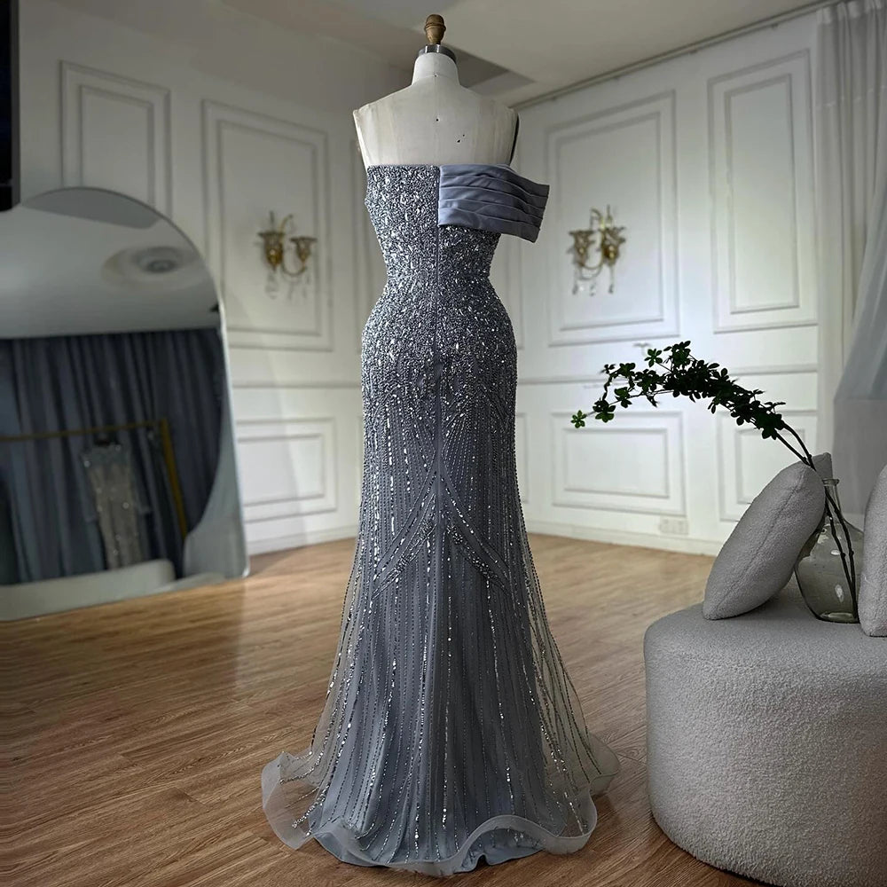 Elegant Arabic Green Mermaid One Shoulder Beaded Long Evening Dress Gown for Women - Luxury Dubai Style Formal Wear for Prom, Wedding & Special Occasions LA72650