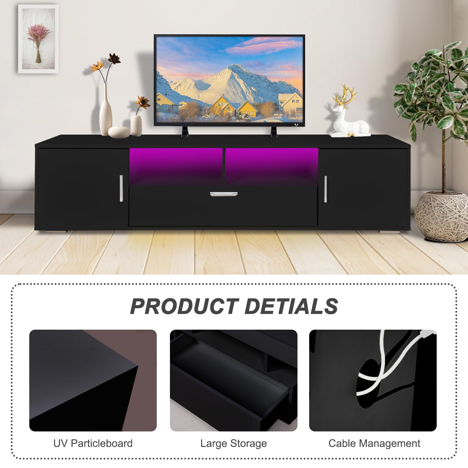 65 Inch LED TV Stand with Storage - Modern TV Console Table Entertainment Center for Living Room, Bedroom & Office - Black Gaming TV Cabinet with 5 Shelves & 3 Drawers - Perfect for Home Theater & Apartment Furniture