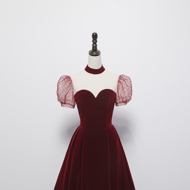 Elegant Burgundy A-Line Velvet Prom Dress with Puff Sleeves - Formal Evening Gown for Homecoming, Winter Ball & Special Occasions | Style 515