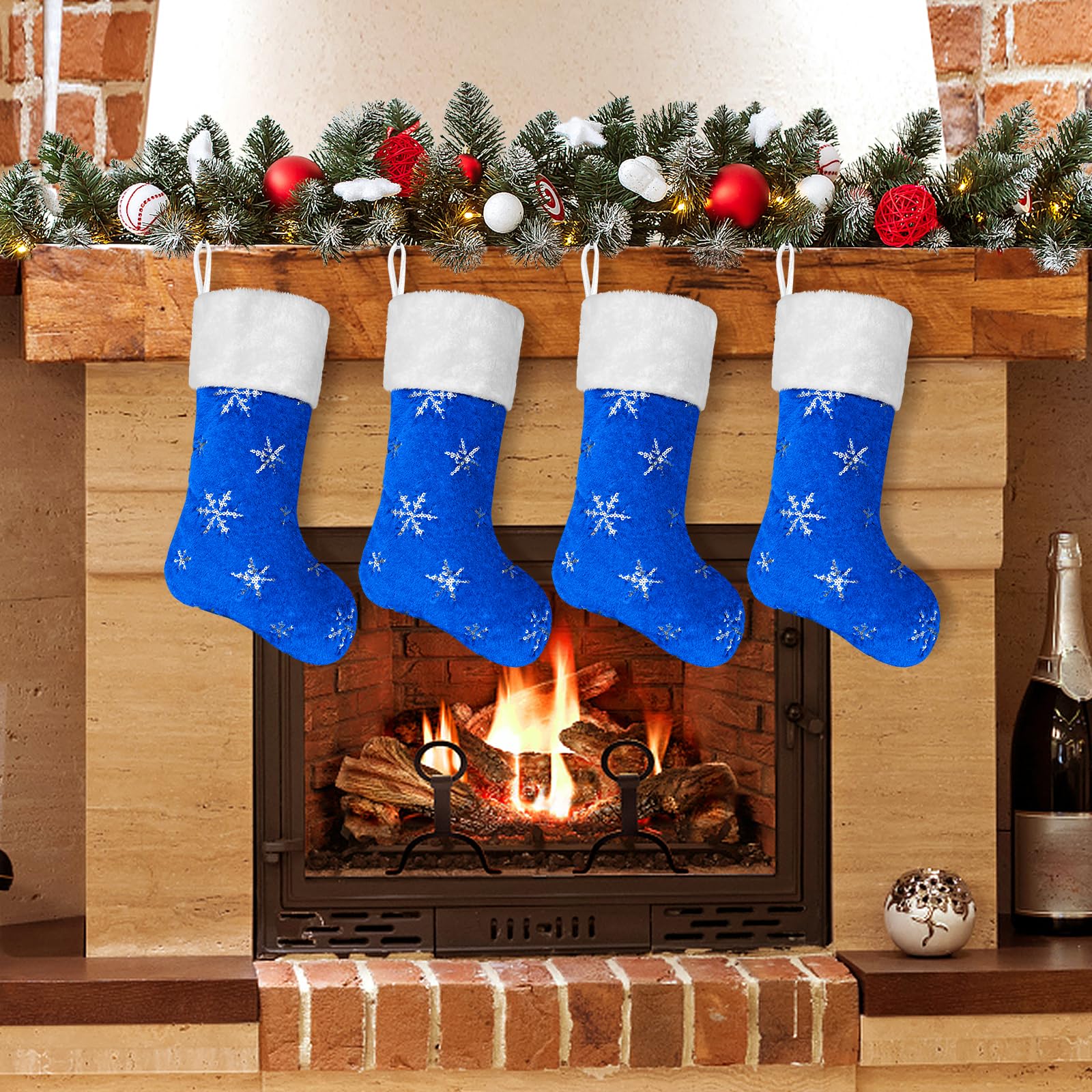 5 Pack Personalized Christmas Stockings with Names - 22 Inch Custom Embroidered Faux Fur Holiday Stockings in Black & Blue with Gold/Silver Snowflake Ornaments - Perfect for Xmas Tree Decor, Fireplace Mantel & Holiday Party Decorations