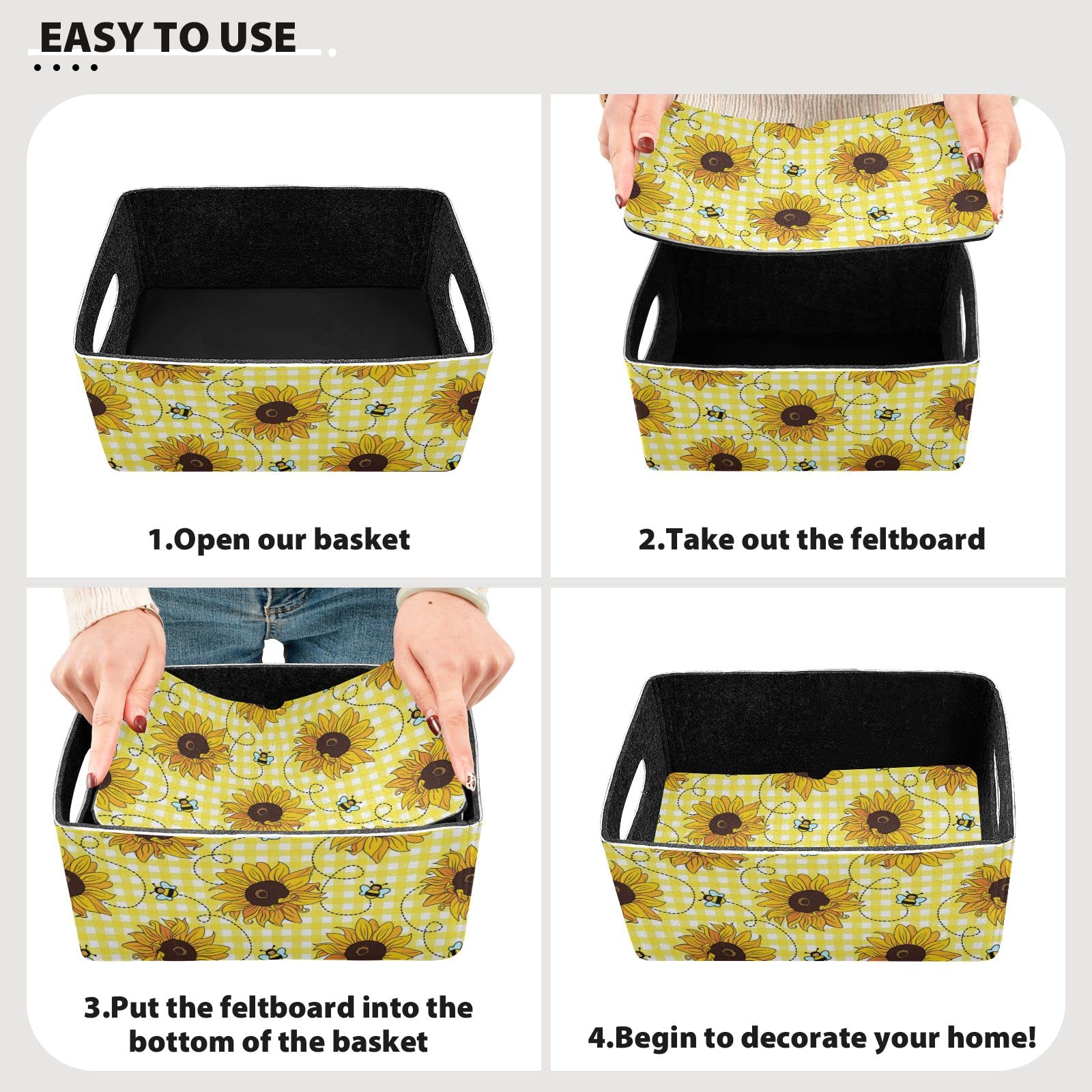Sunflower Folding Felt Storage Basket Set of 2 - Yellow Collapsible Storage Box with Bee Design for Clothes, Toys & Home Organization - Perfect for Nursery, Closet & Shelves (Home Decor & Storage Solution)