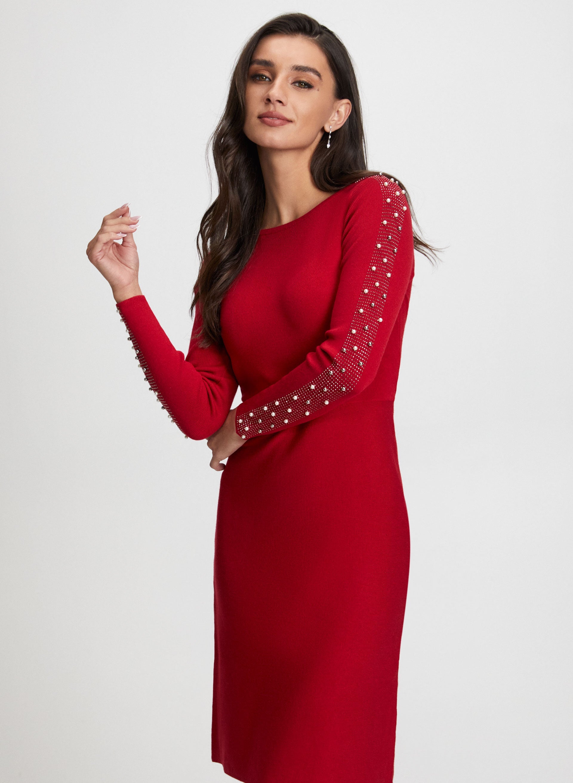 Embellished Sleeve Sweater Dress for Women - Elegant Long Sleeve Knit Dress with Beaded Details - Perfect for Holiday Parties, Date Nights & Office Wear