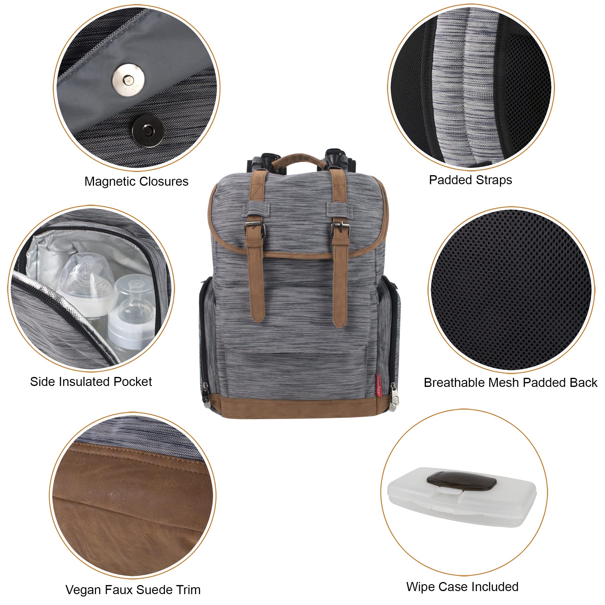 Fisher-Price Insulated Baby Backpack with Drawstring, Stroller Clips & Wipe Storage Pocket - Light Gray Cairn Design for Diaper Bags, Daycare & Travel Essentials