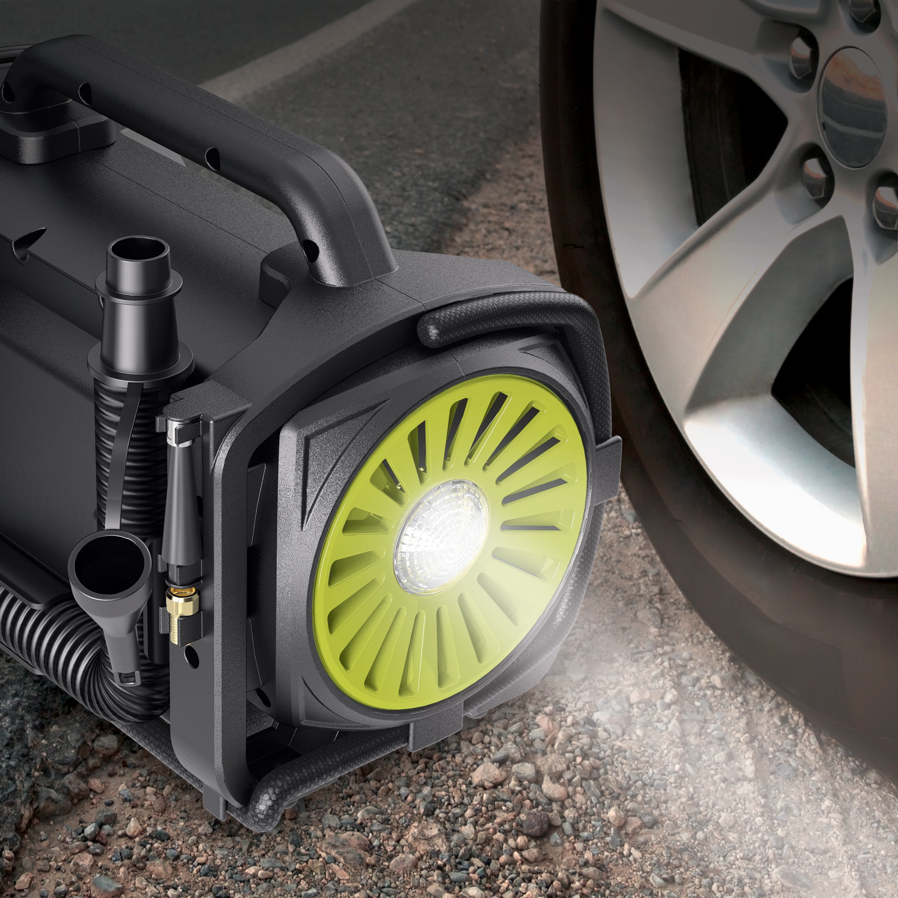 Auto Joe ATJ AIR1 HYB Hybrid 12V/120V AC High Volume Tire Inflator with Digital Gauge - Fast Car, Bike & Sports Equipment Inflation - Includes Air Chuck, Valve Adapters & Auto Shut Off for Home & Roadside Use