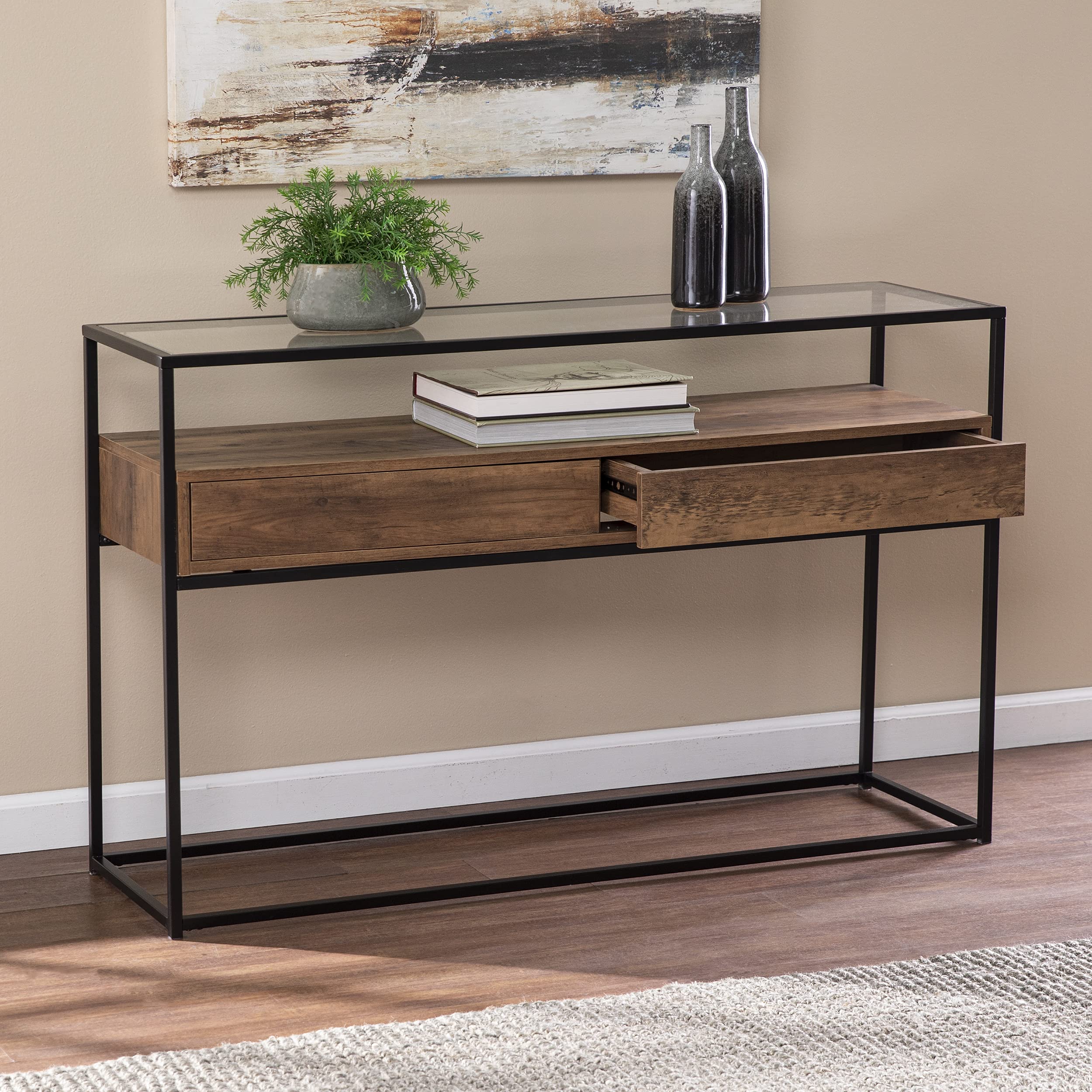 SEI Furniture Olivern Glass-Top Console Table with Storage - Modern Industrial Farmhouse Style Entryway Table for Living Room, Hallway & Foyer - Brown Wooden Sofa Table with Open Shelf Design