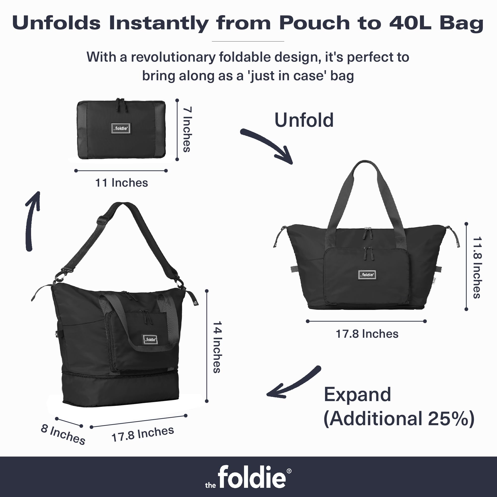 The Foldie® Foldable Travel Tote Bag for Women - Lightweight Weekender Bag with Pockets, Perfect for Gym, Beach & Airplane Carry-On | Compact & Water-Resistant Travel Accessory