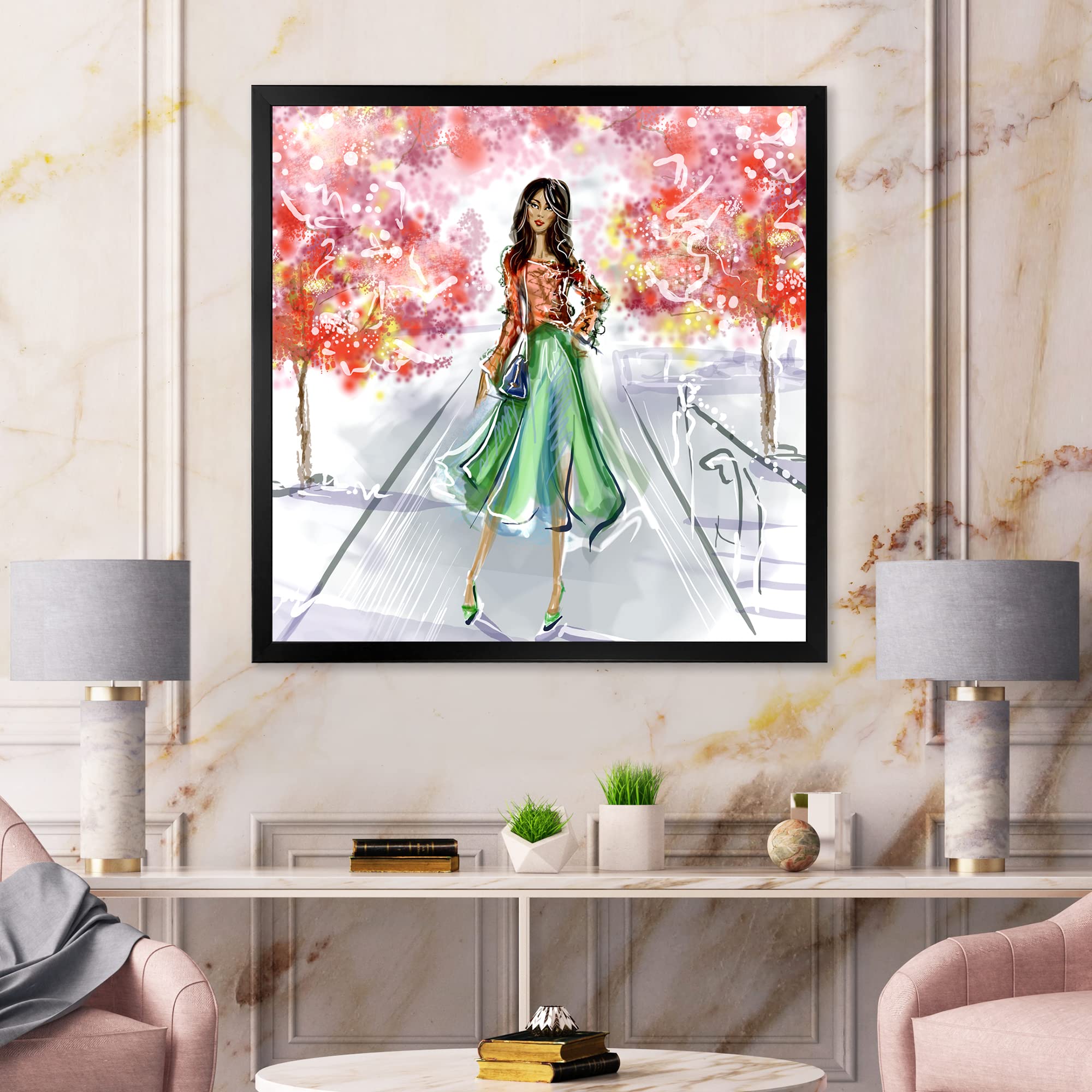 DesignQ Traditional Framed Wall Art - Beautiful Girl Wearing Fashionable Clothes in Park - Perfect for Living Room, Bedroom & Office Decor