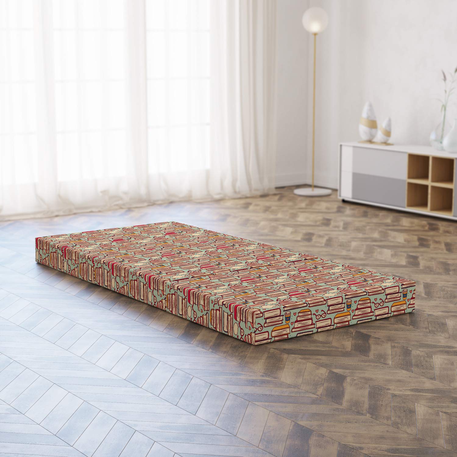 Ambesonne Cartoon Foldable Mattress - Stack of Books & Eyeglasses Design, 74.8
