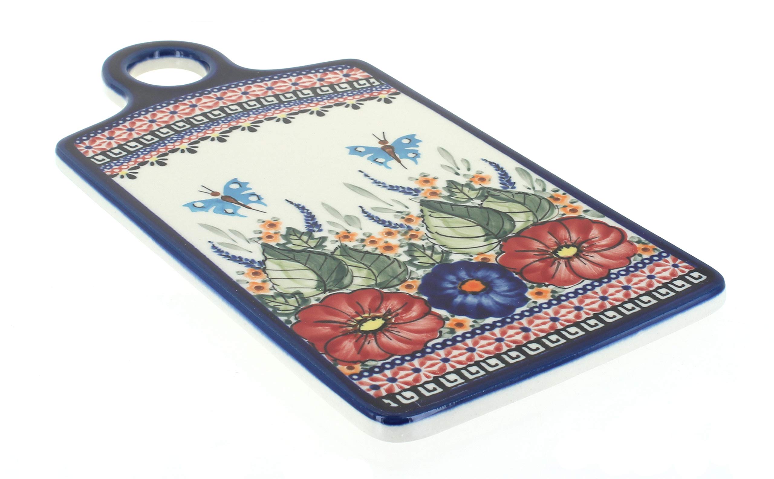 Handmade Blue Rose Polish Pottery Floral Butterfly Cutting Board - Durable Kitchen Decor & Cheese Serving Platter for Home, Wedding Gifts, and Rustic Farmhouse Style
