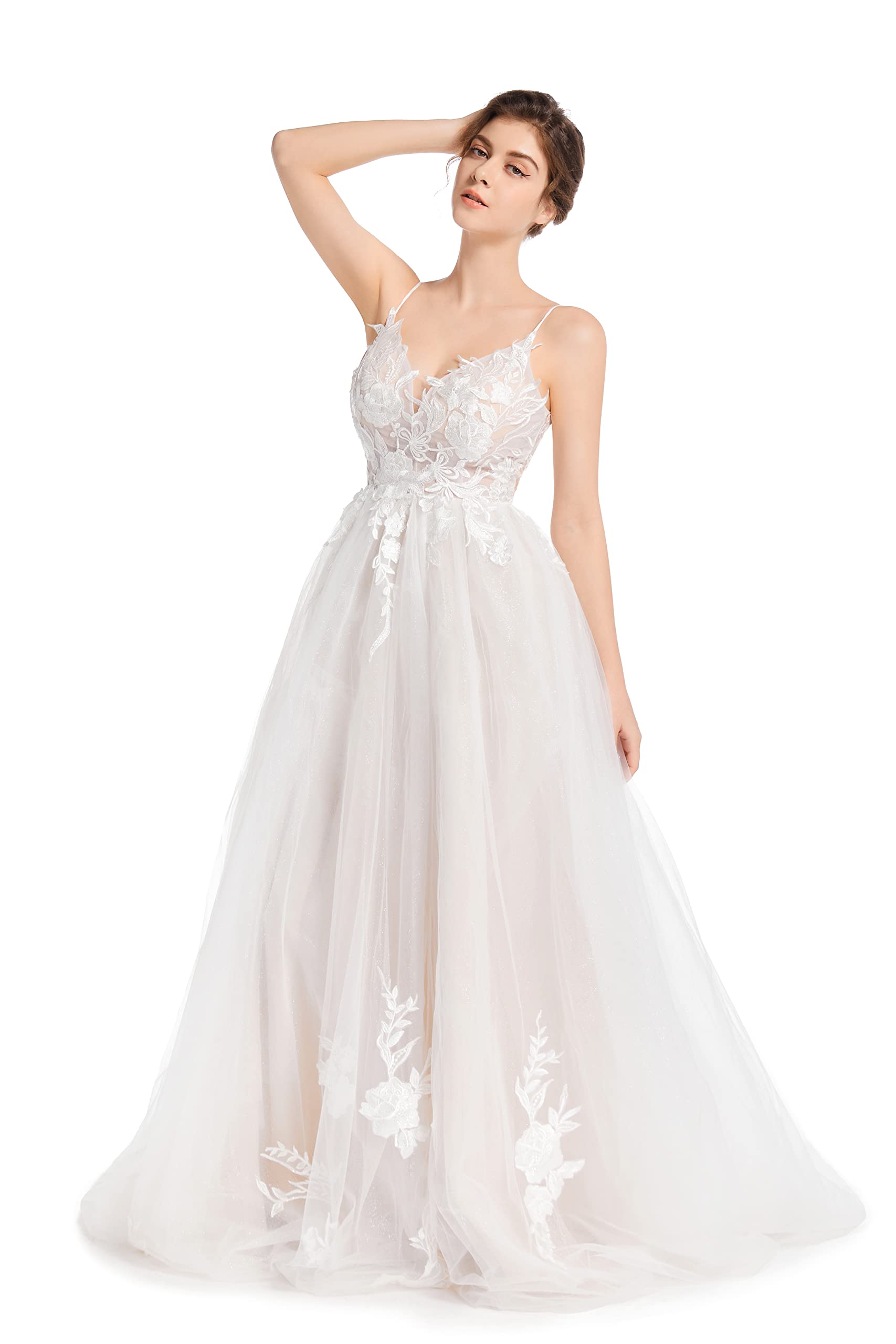 Elegant Boho Beach Wedding Dress with Lace Appliques & Spaghetti Straps | Open Back Bridal Gown for Beach, Garden & Destination Weddings