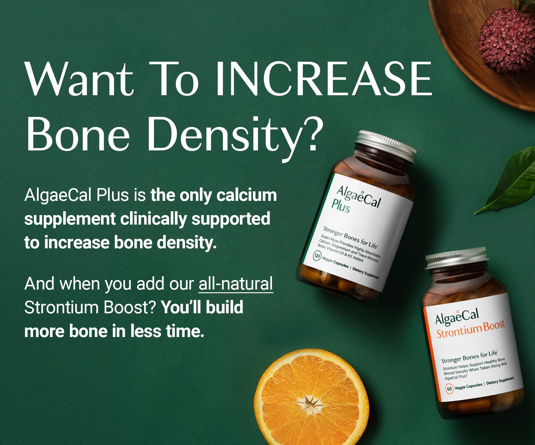 AlgaeCal Bone Builder Pack - Clinically Proven Plant-Based Calcium Supplement for Bone Density Increase with Strontium, Vitamins K2 (100mg), D3 (1600 IU), Magnesium & 16 Essential Nutrients | Supports Strong Bones & Joint Health for Active Adults & Seniors
