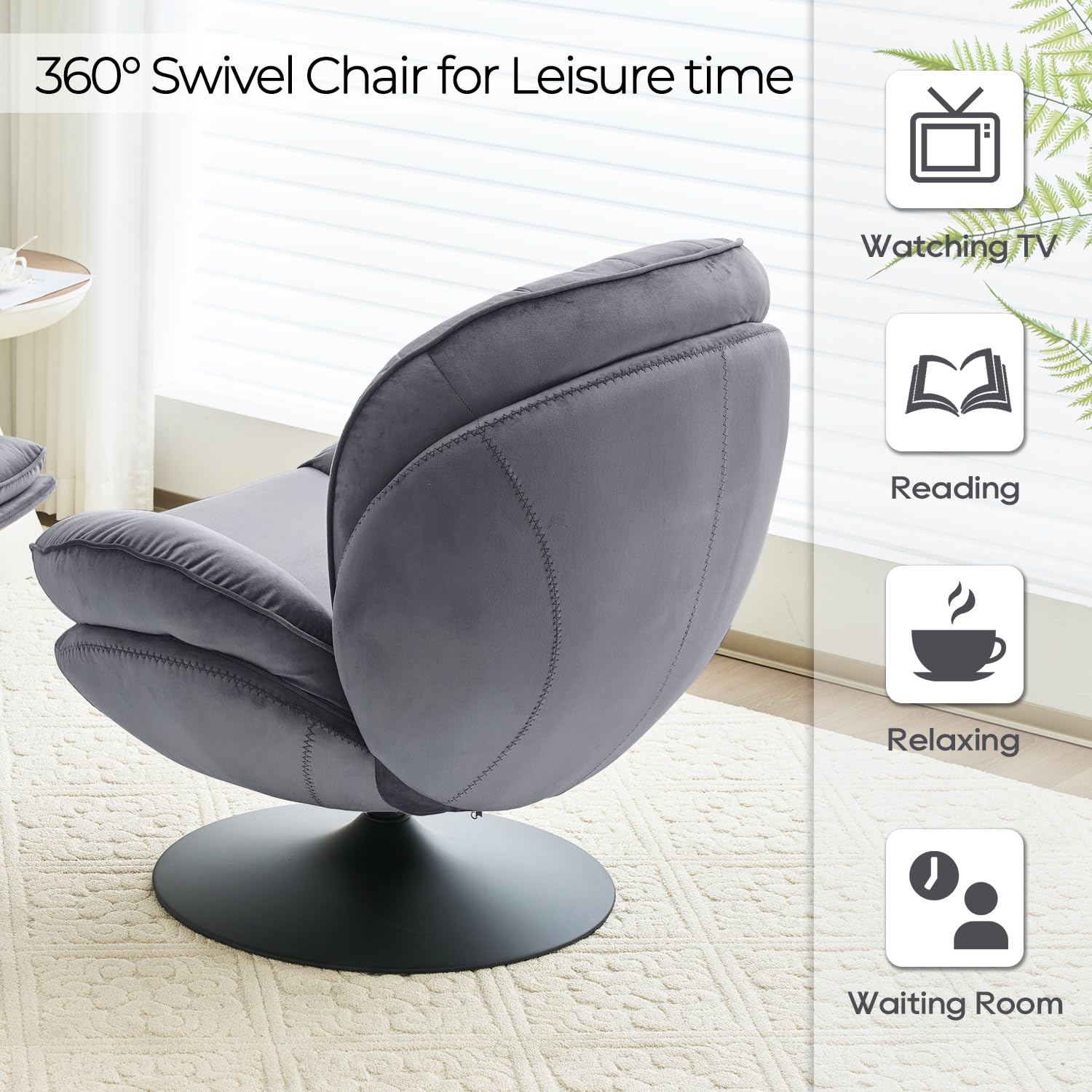 Velvet Swivel Accent Chair with Ottoman Set - Modern Tufted Armchair & Footrest for Living Room, Bedroom - 360 Degree Swivel Lounge Chair for Adults - Grey - Perfect for Reading, Watching TV or Relaxing