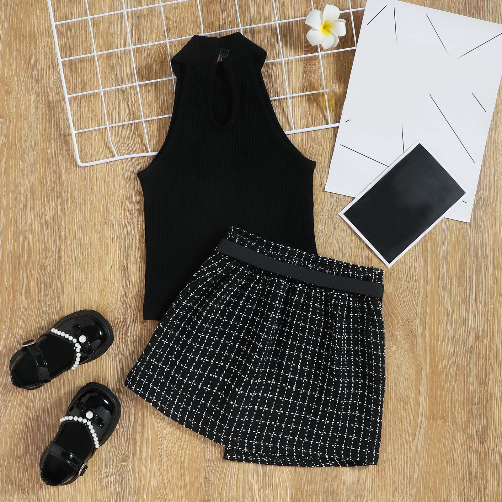 Toddler Baby Girls Summer Outfits - Sleeveless Ribbed Vest Top & Plaid Skirt Set with Belt Waist Bag | Cute Playtime & Vacation Outfits for Toddlers