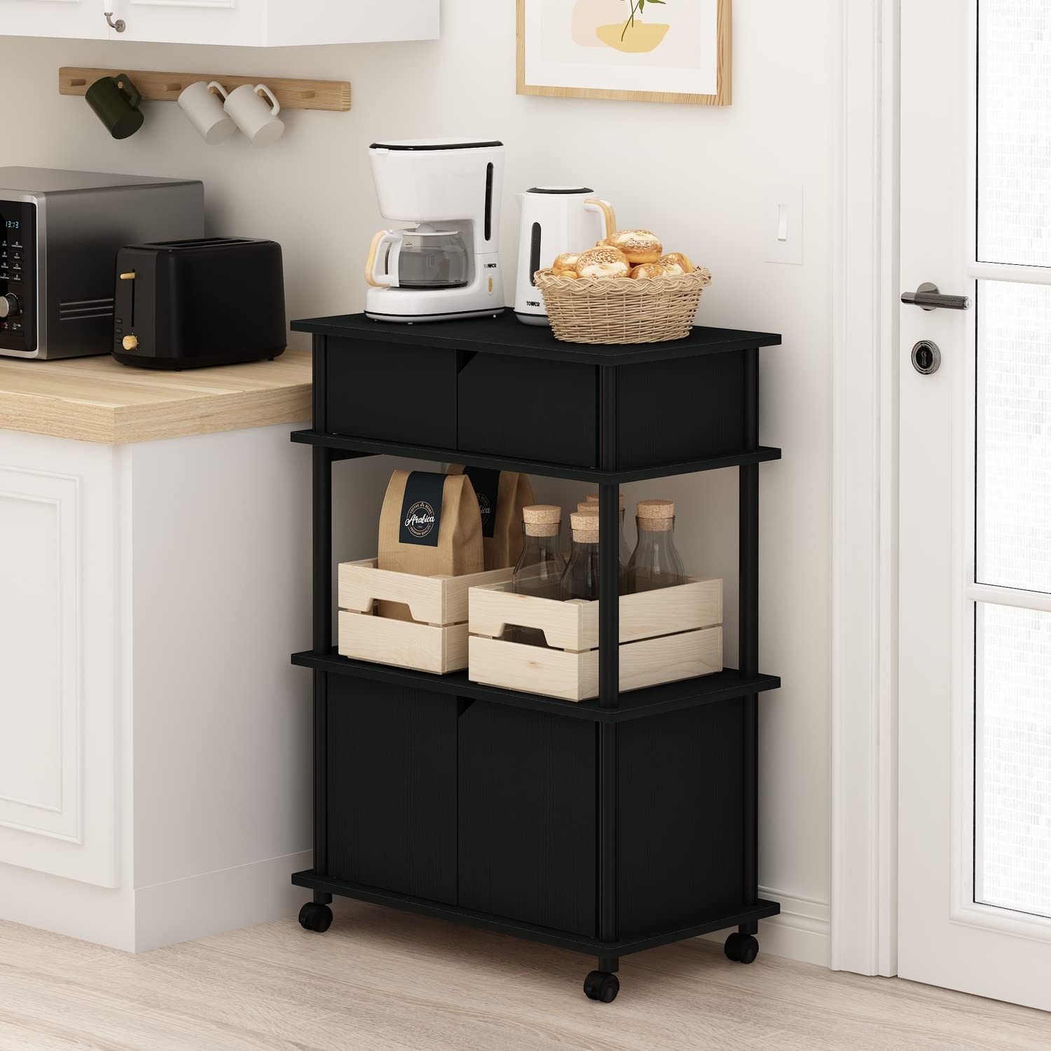 Furinno Turn-N-Tube 3-Tier Kitchen Storage Cart with Locking Wheels & Cabinet - Americano/Black - Perfect for Small Spaces, Pantry Organization & Mobile Kitchen Storage
