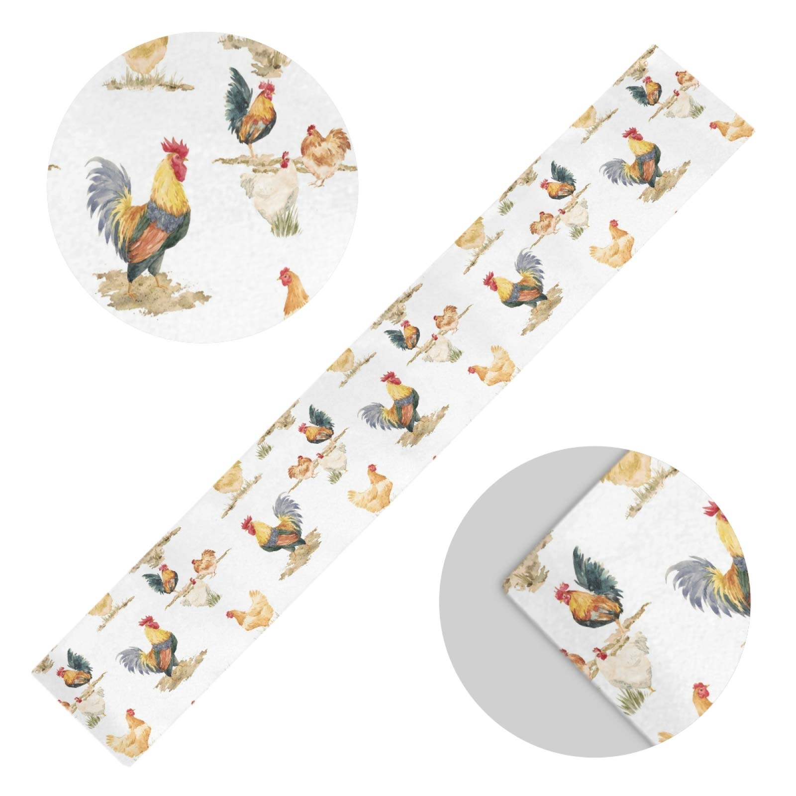 Double Sided Chicken Rooster Hen Table Runner - 13x70 Inch Washable Polyester Tablecloth for Farmhouse Kitchen, Dining Room Decor, Country Themed Parties & Holiday Gatherings