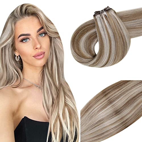18 Inch Brown Blonde Weft Human Hair Extensions - 100g Real Human Hair Bundles with Highlighted Light Brown & Platinum Blonde for Sew-in | Perfect for Daily Wear, Parties & Special Occasions