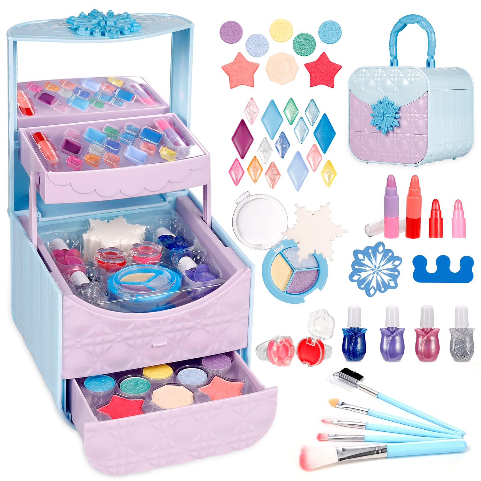 Esnowlee Frozen Kids Makeup Kit for Girls Ages 3-8 - Washable & Non-Toxic Princess Makeup Toy Set with Real Cosmetic Tools - Perfect for Birthday Gifts, Dress-Up Play & Pretend Makeover Games