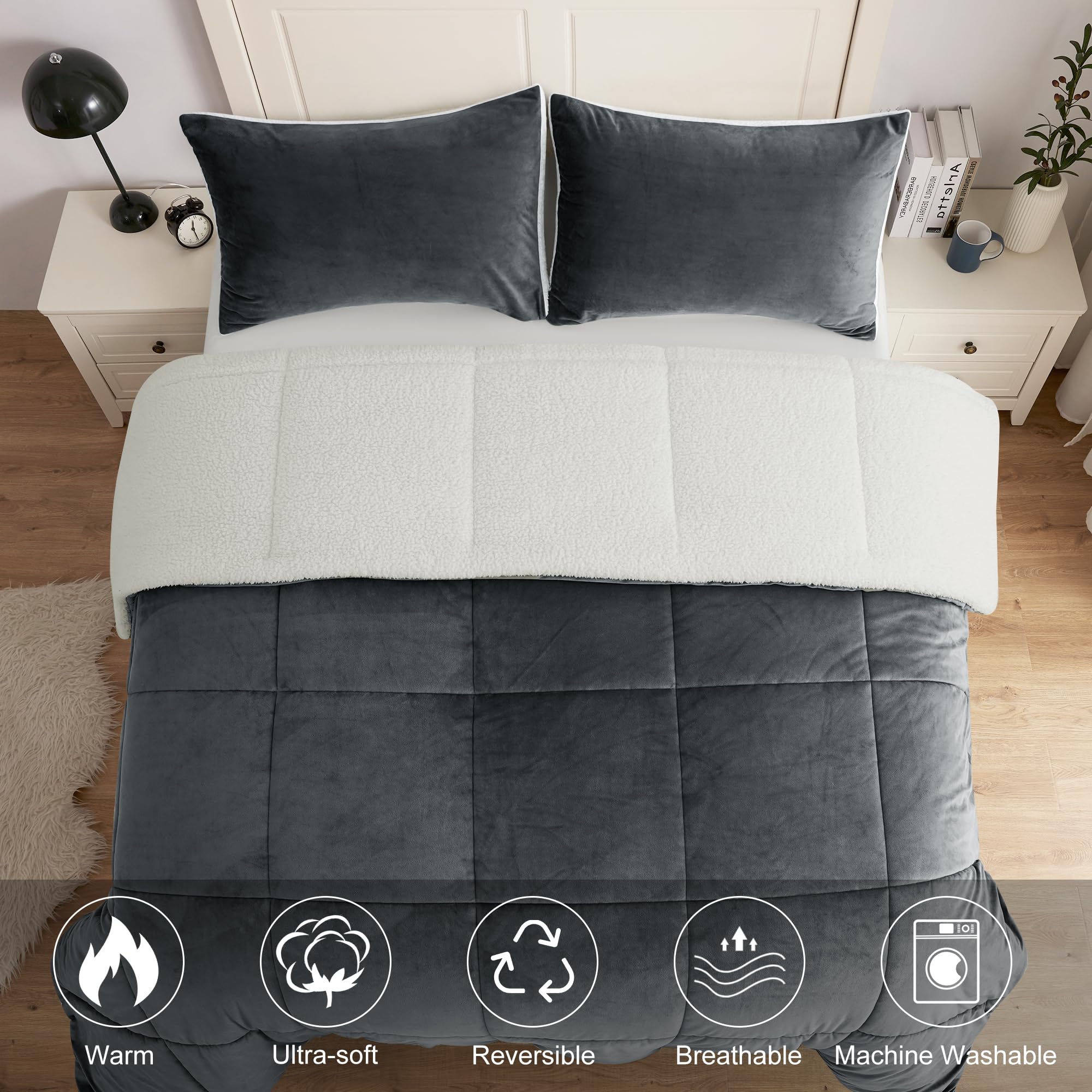 BEDHOURS Queen Comforter Set - Ultra Soft Micromink & Sherpa Reversible 3-Piece Bedding | Down Alternative Plush Comforter + 2 Pillowcases | Winter Warmth & Cozy Comfort (Charcoal Grey) for Bedroom, Guest Room & Dorm